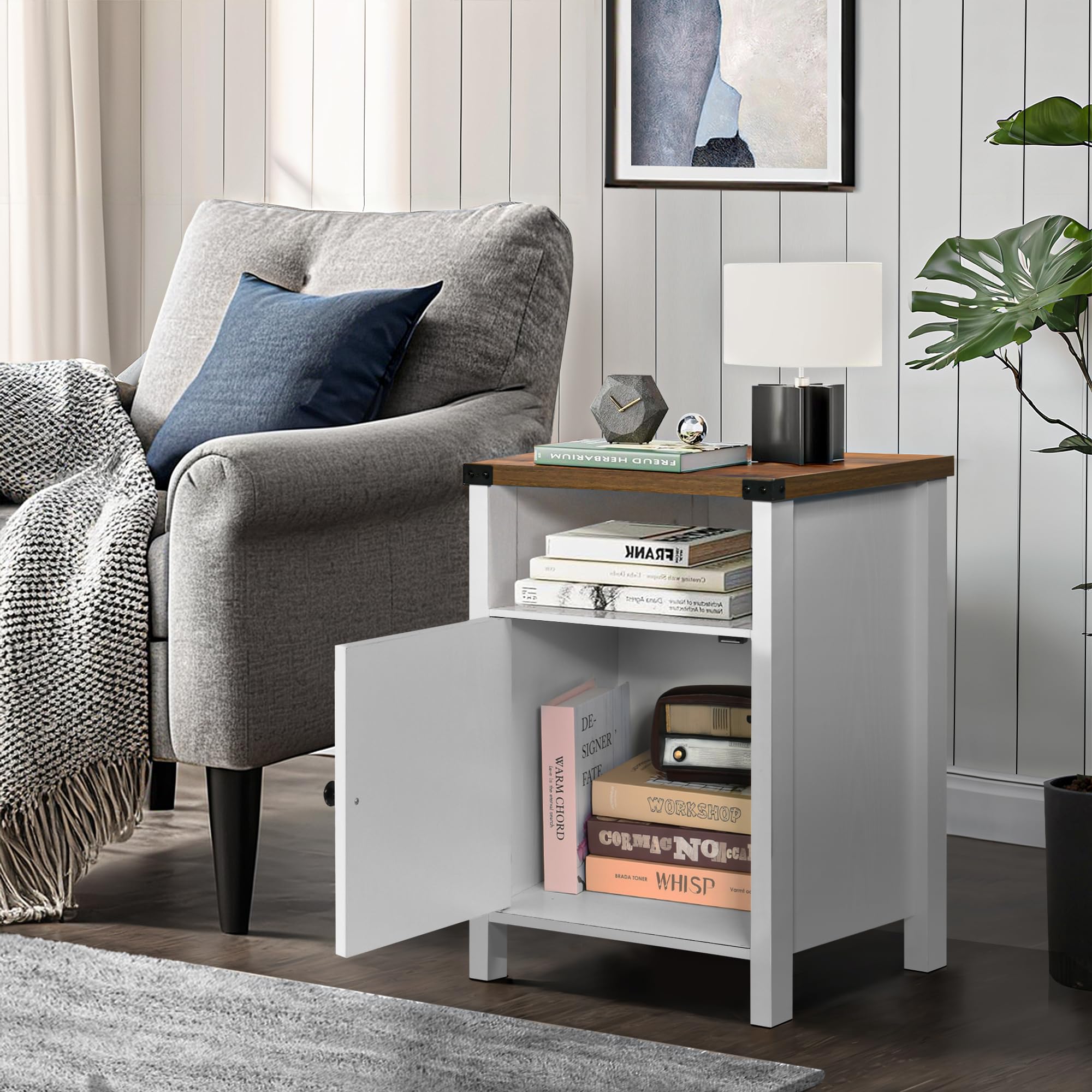 Farmhouse End Table Set of 2 - Rustic Night Stand with Barn Door & Storage Shelf - White Side Table for Bedroom, Living Room - Perfect for Farmhouse Decor & Small Space Storage