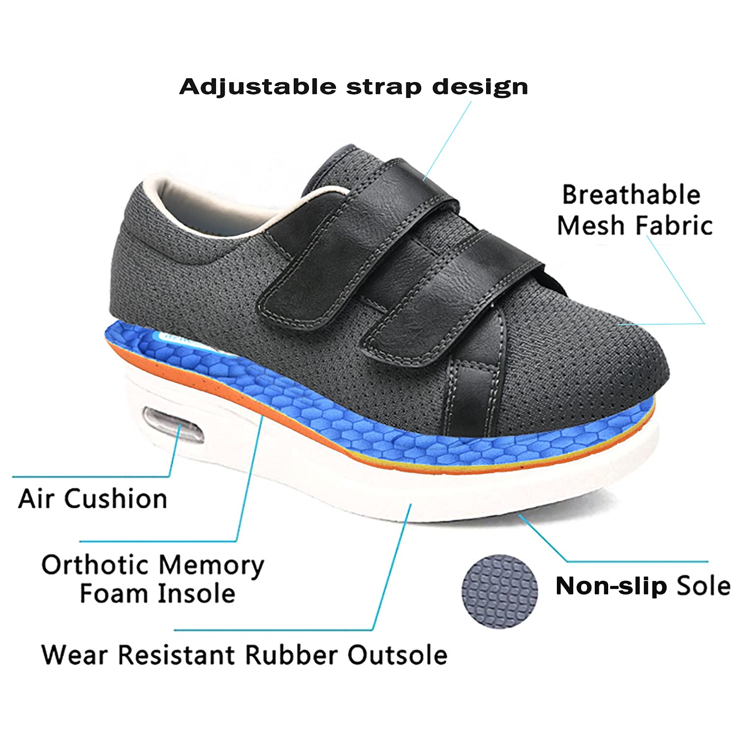 JBTNBX Wide Width Men's Shoes - Adjustable Lightweight Diabetic Walking Shoes for Elderly with Edema Relief - Comfortable Indoor/Outdoor Sneakers for Daily Wear & Senior Activities