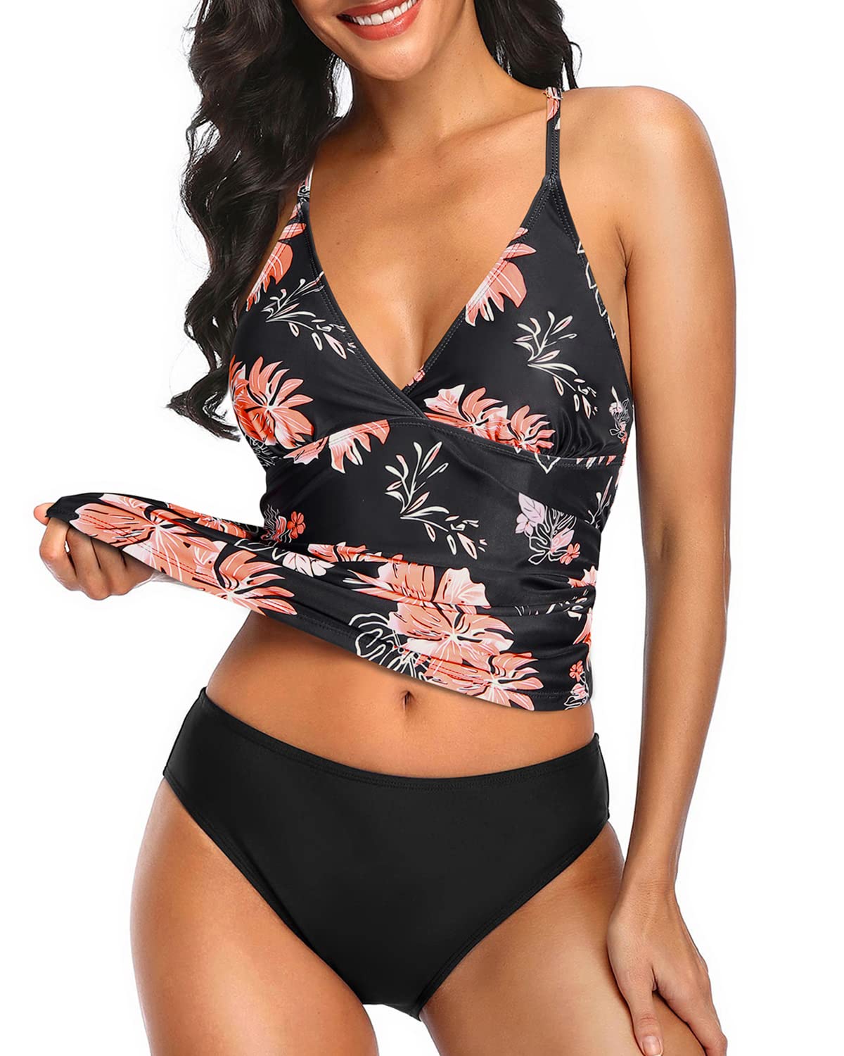 Holipick Women's Tummy Control Two Piece Tankini Swimsuit - V Neck Tankini Top & Swim Bottom for Beach, Pool & Summer Vacations