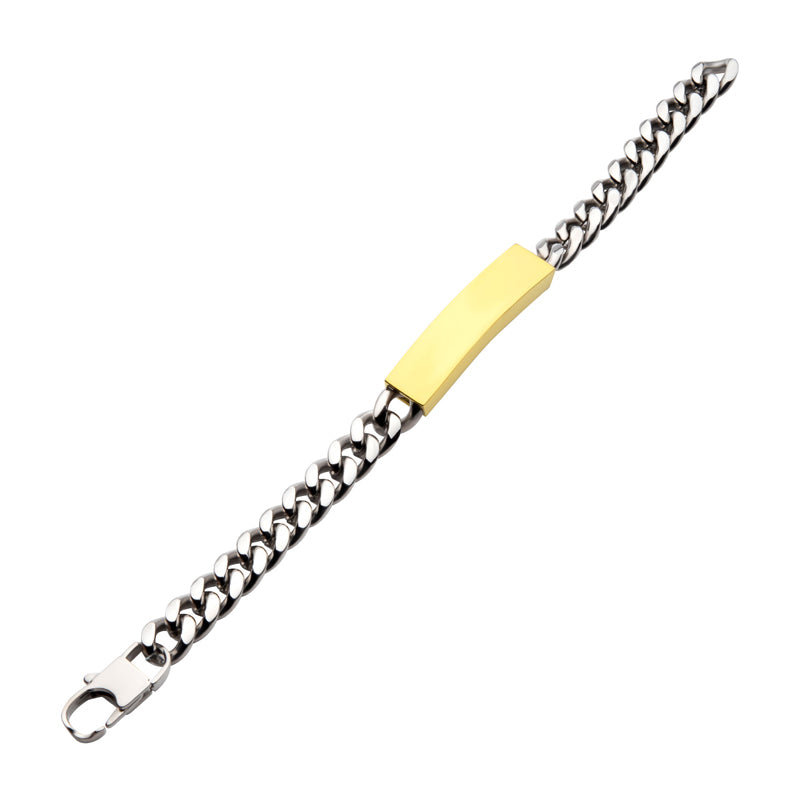 10mm Steel Curb Chain Two-Tone Bracelet with 18K Gold IP Engravable ID Plate - Durable Unisex Jewelry for Men & Women, Perfect for Gifts, Anniversaries & Everyday Wear