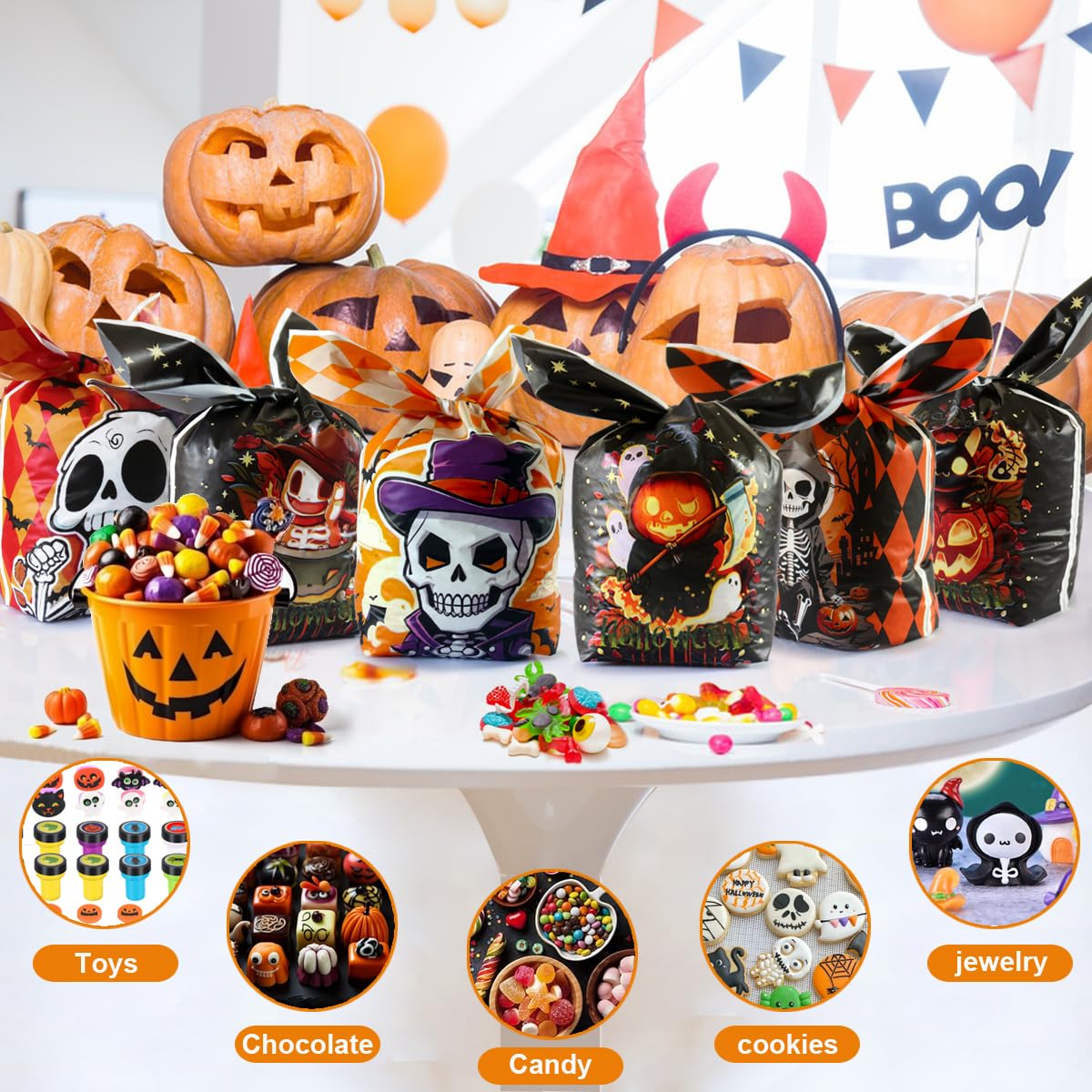 100Pcs Halloween Treat Bags - 6 Style Cute Rabbit Ear Plastic Candy Bags for Kids, Trick or Treat Party Favors & Goodie Gifts | Perfect for Halloween Parties, Classroom Treats & Neighborhood Trick-or-Treating
