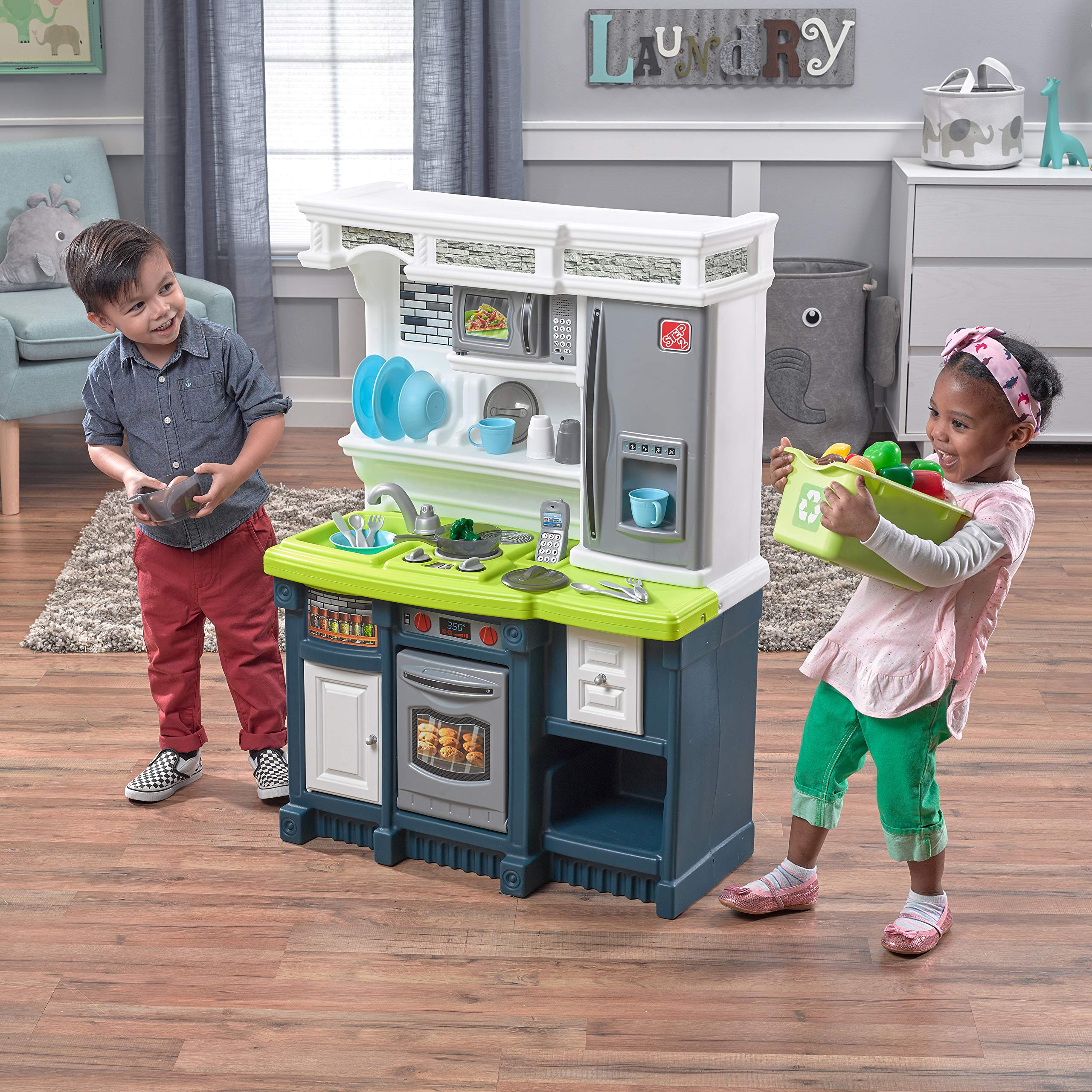 Step2 Lifestyle Custom Kids Kitchen Playset - Interactive Indoor/Outdoor Kitchenette with Lights & Sounds | Durable Plastic Toy for Toddlers Ages 2+ | 20-Piece Accessories | Blue | Perfect for Pretend Play, Birthday Gifts & Daycare Activities