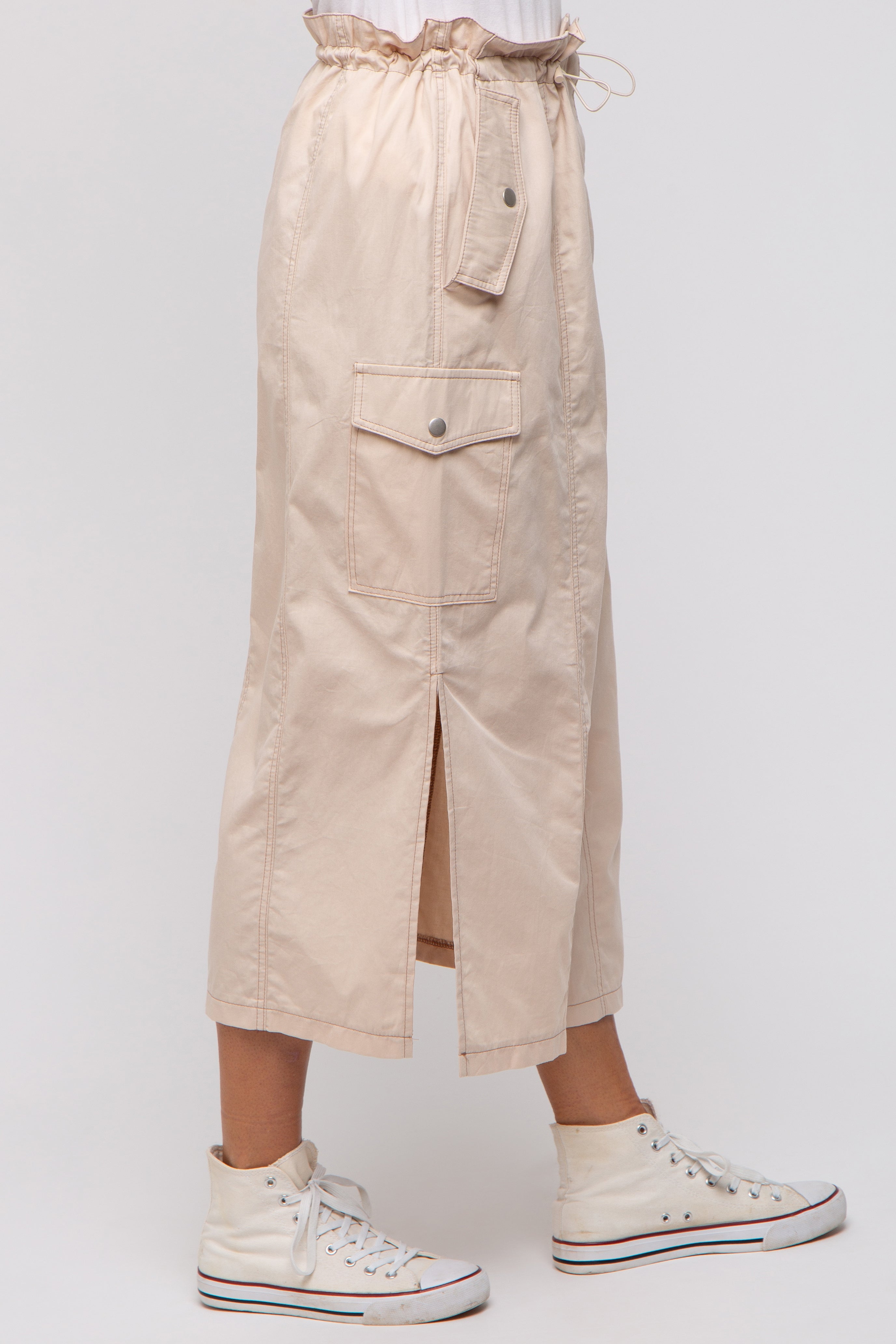 Beige Cargo Cinched Midi Skirt for Women - High Waisted Utility Skirt with Pockets | Perfect for Casual Outfits, Streetwear & Outdoor Adventures