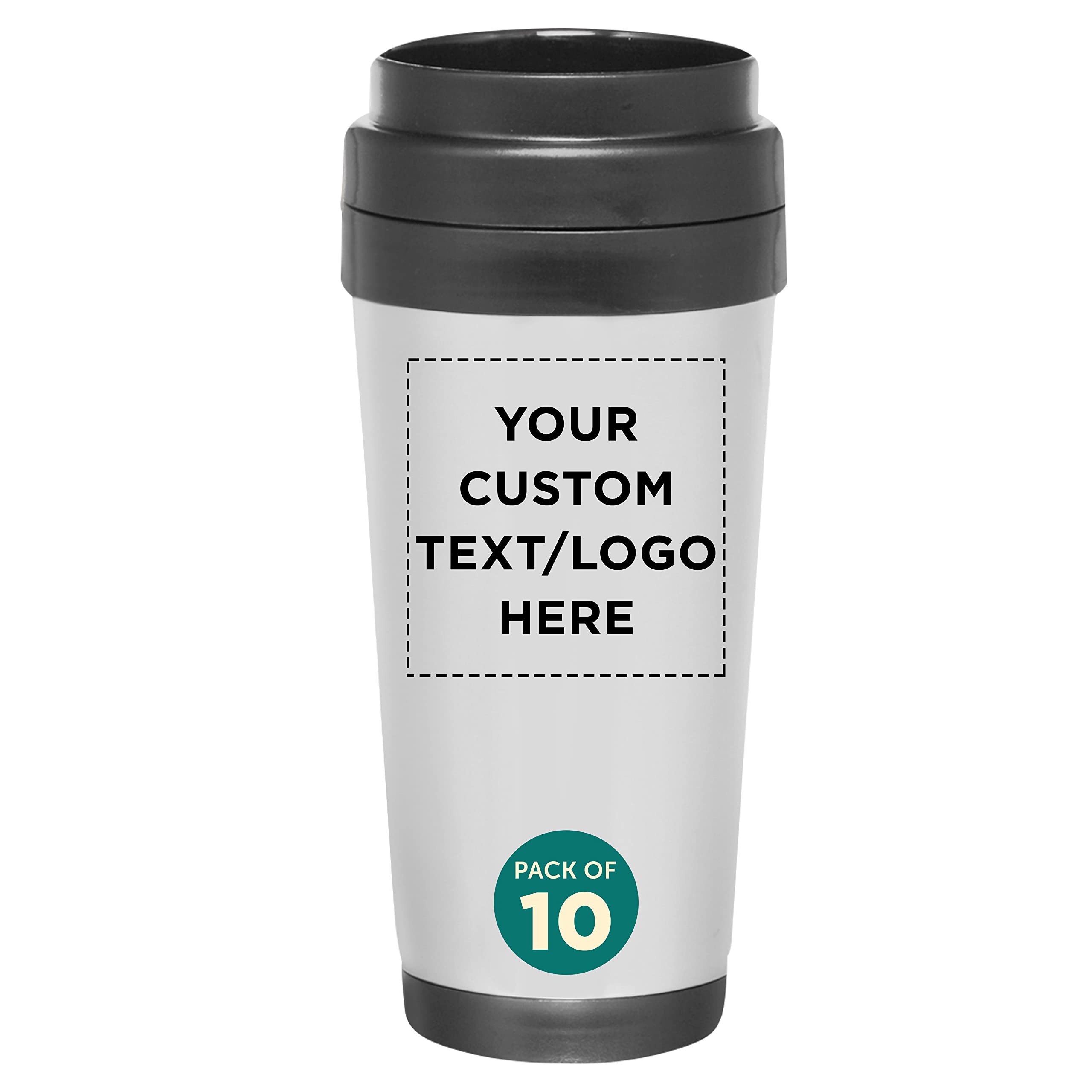 Custom Insulated Stainless Steel Travel Mugs 16 oz (Set of 10) - Personalized Bulk Coffee Cups for Hot & Cold Beverages - BPA-Free Vacuum Insulated Tumbler for Iced Coffee, Tea, Soda - Perfect for Office, Camping, Travel & Gifts