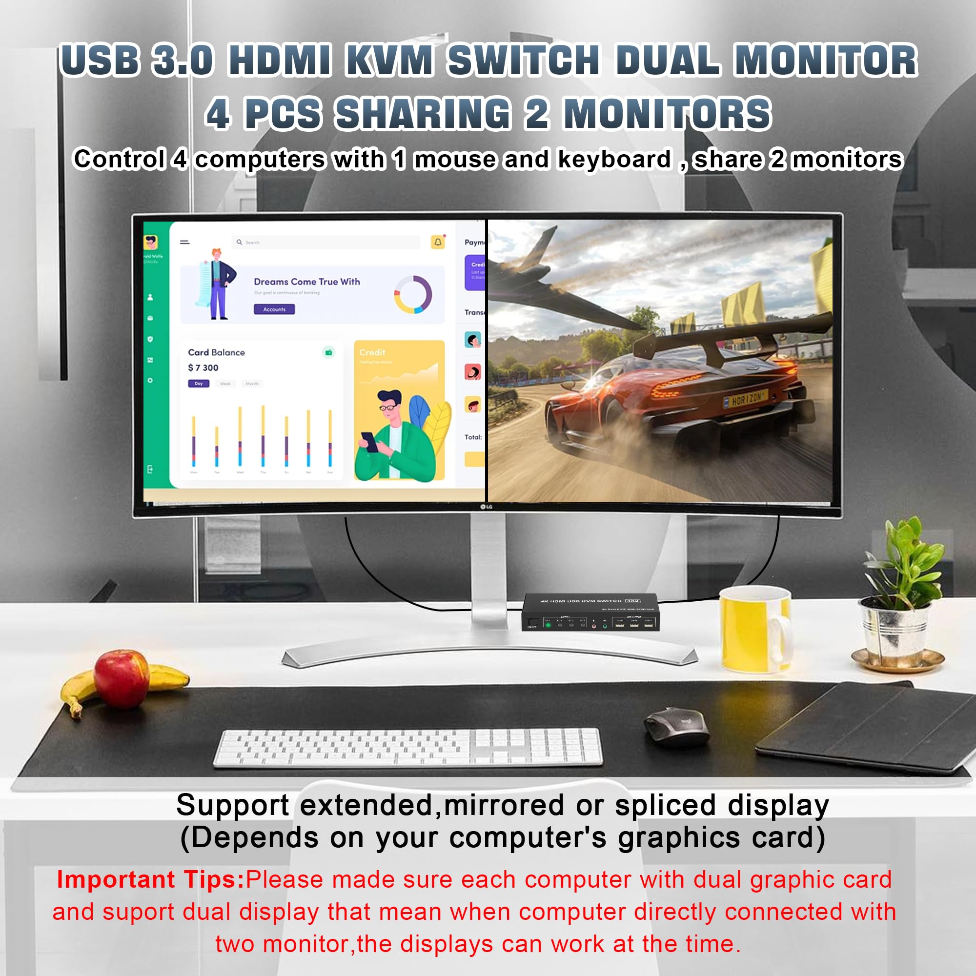 4K 60Hz USB 3.0 HDMI Dual Monitor KVM Switch for 4 Computers - EDID Support, Audio/Mic Output & 3 USB Ports | Perfect for Home Office, Gaming Setup & Multi-PC Workstations