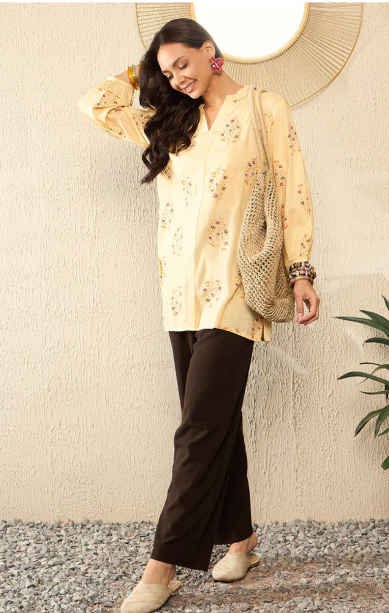 Stylish Yellow Cotton Blend Floral Printed Tunic Top for Women - Casual Summer Outfit, Beachwear & Boho Fashion