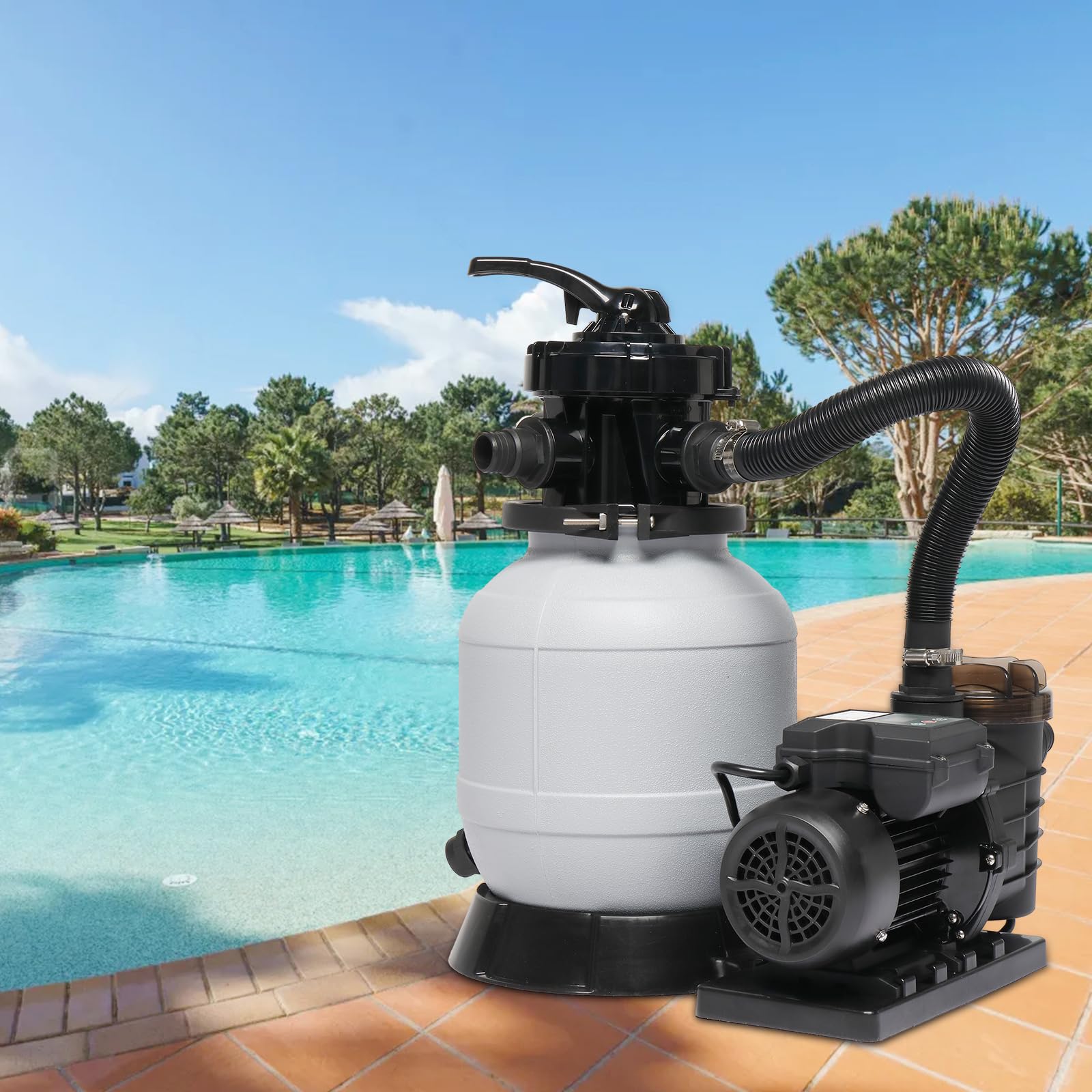 VINGLI 10in Sand Pool Filter with 1/3HP Pump (115V) & Filter Balls - 2087GPH Flow Rate for Above Ground Pools | 24H Timer & Filter Basket Included | Perfect for Backyard Swimming Pool Maintenance & Water Filtration