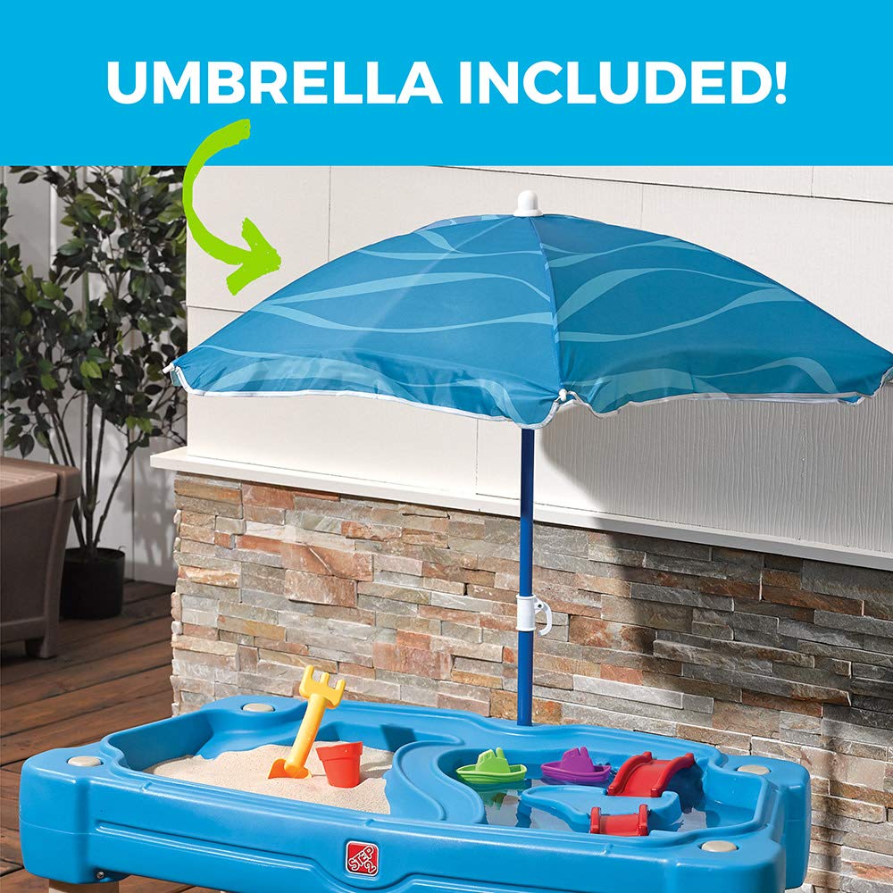 Step2 Cascading Cove Sand & Water Table - Outdoor Sensory Play Activity Set for Toddlers 1.5+ Years | Includes Umbrella & 7 Toy Accessories | Perfect for Backyard, Beach & Summer Water Play