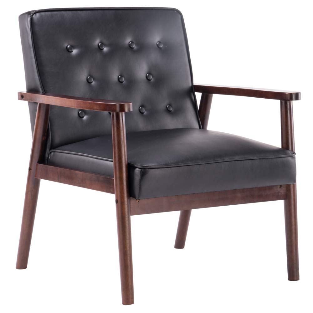 Mid-Century Retro Modern Accent Chair - Faux Leather Upholstered Lounge Chair with Wooden Arms - Stylish Living Room Seating (Black) | Perfect for Home Office, Reading Nook & Cozy Living Spaces