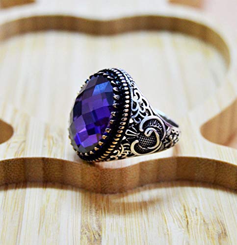 Handmade 925 Sterling Silver Amethyst Ring for Men - Ottoman Style Bohemian Purple Stone Jewelry, February Birthstone Gift for Him - Perfect for Weddings, Anniversaries & Special Occasions