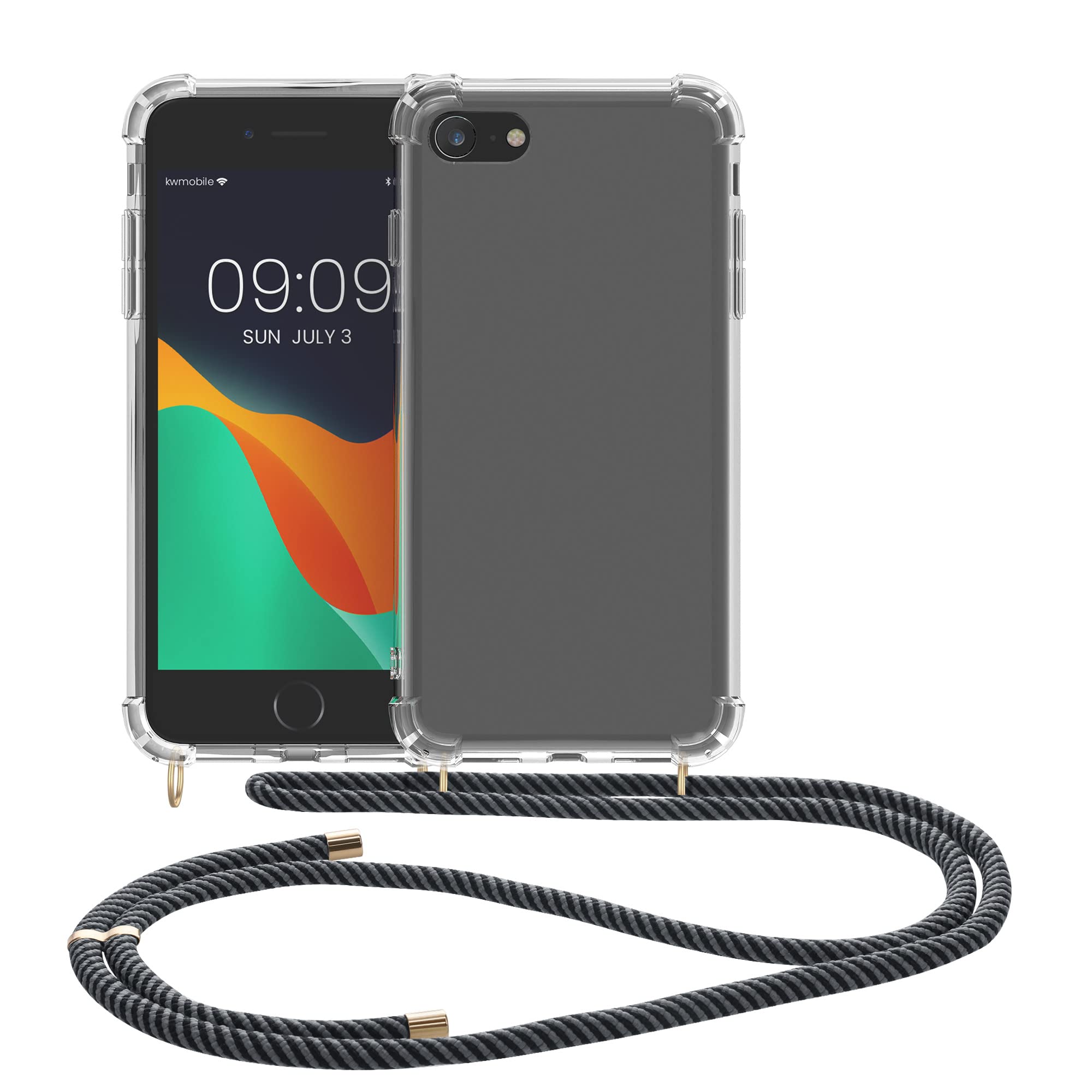 kwmobile Clear TPU Crossbody Phone Case for Apple iPhone SE (2022/2020) / iPhone 8 / iPhone 7 - Protective Cover with Lanyard Strap in Anthracite/Transparent/Black - Perfect for Outdoor Activities, Travel & Everyday Use