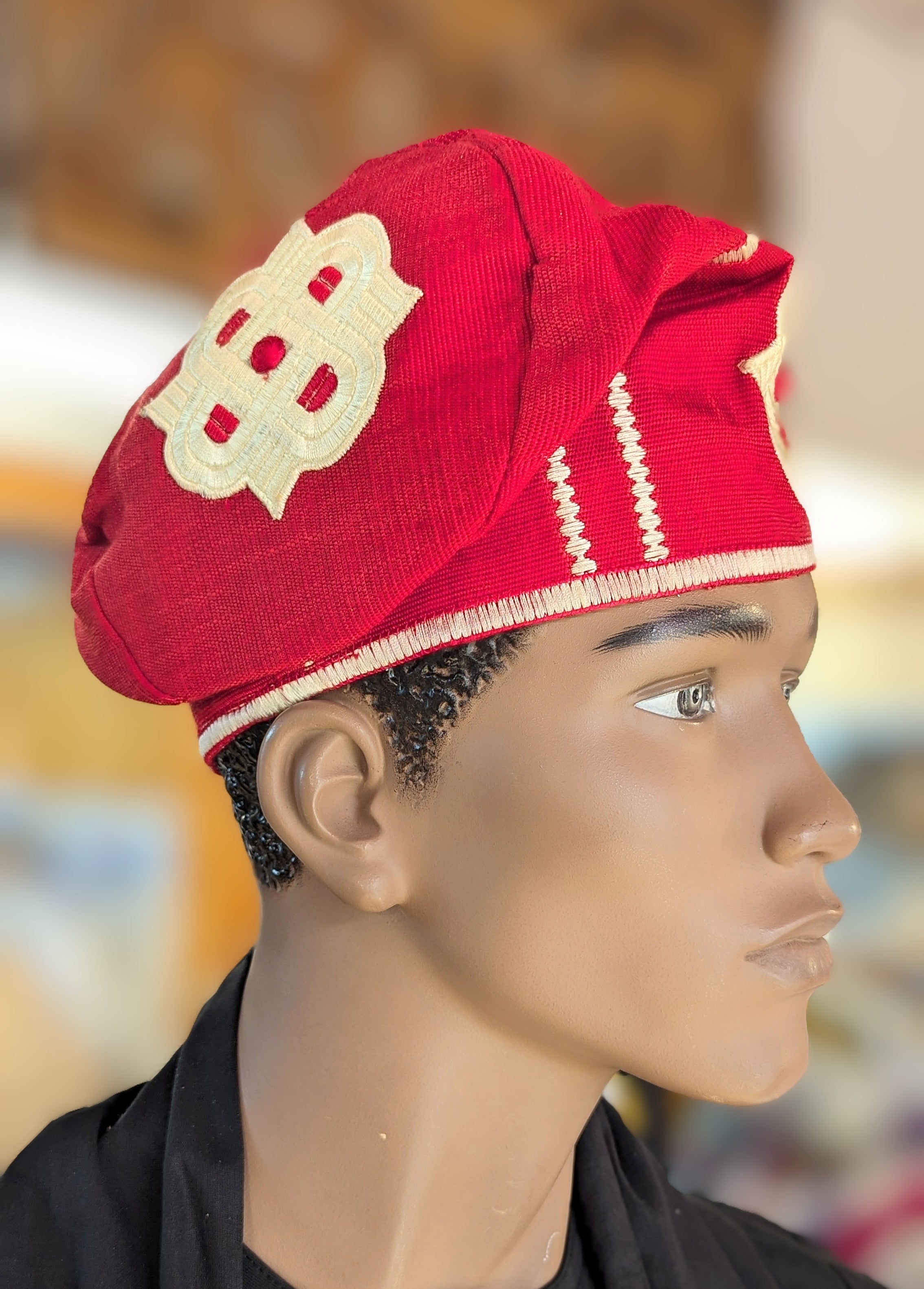 Royal Red Nigerian African Handwoven Aso Oke Fila Kufi Cap - Traditional Beige Cream Embroidered Hat for Men | Perfect for Weddings, Cultural Events & Special Occasions