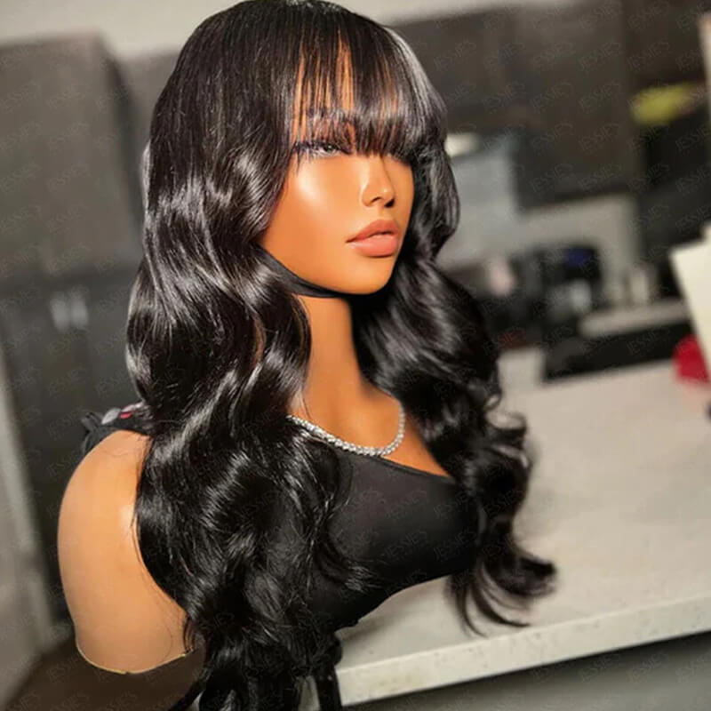 Eullair 12A Pre Cut Lace Closure Body Wave Human Hair Wig with Air Bangs - Brazilian Virgin Hair Wigs for Black Women | Natural Layered Cut, Blow Out Wavy Style for Daily Wear & Special Occasions