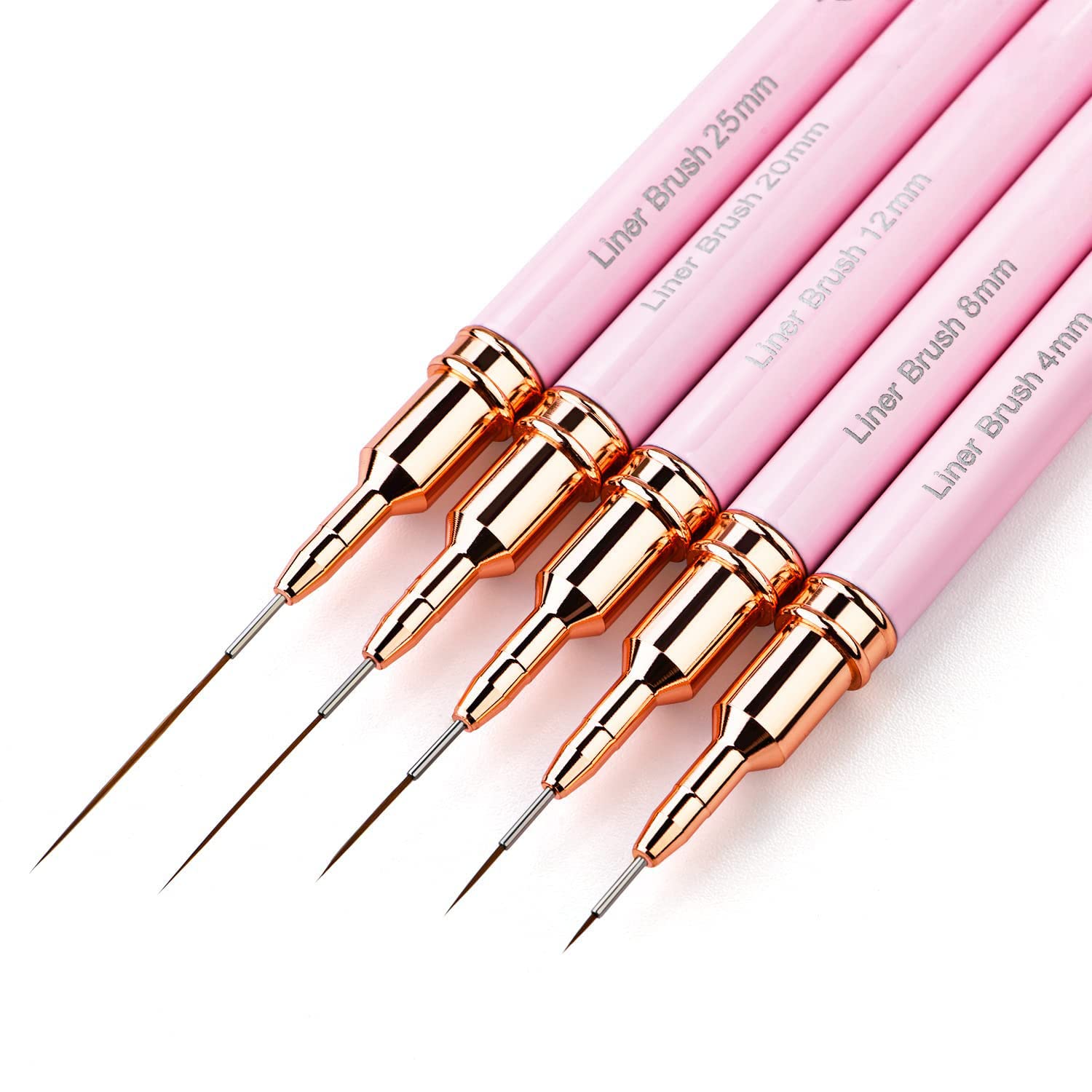 5PC Professional Nail Art Liner Brush Set - Ultra Thin Detailing Brushes for Gel Polish & Acrylic Nails (4/8/12/20/25mm, Pink Metal Handle) - Perfect for Salon, Home Manicures & Creative Nail Designs