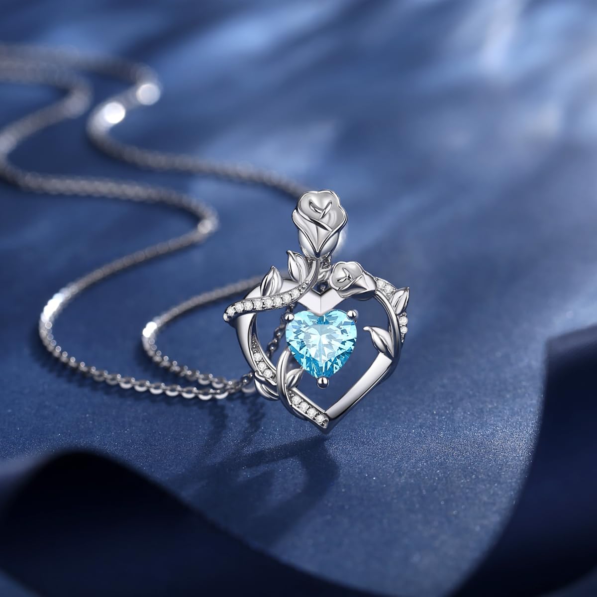 AGVANA Sterling Silver Rose Flower Heart Birthstone Necklace for Women - Dreamy Rose Pendant Fine Jewelry, 18