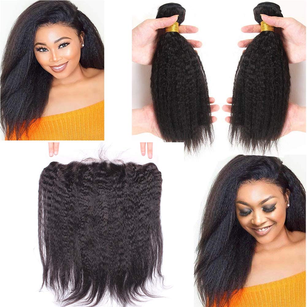 Mongolian Afro Kinky Straight Hair Lace Frontal Closure with Bundles - 100% Virgin Italian Coarse Yaki Straight Hair Extensions (18