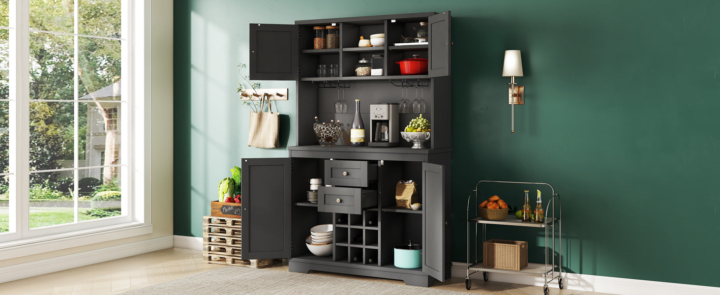 Farmhouse Coffee Bar Cabinet with Storage - Kitchen Buffet Cabinet with Drawers, Shelves & Wine Glass Racks - Rustic Dining Room Furniture for Kitchen, Bar & Entertaining - Black