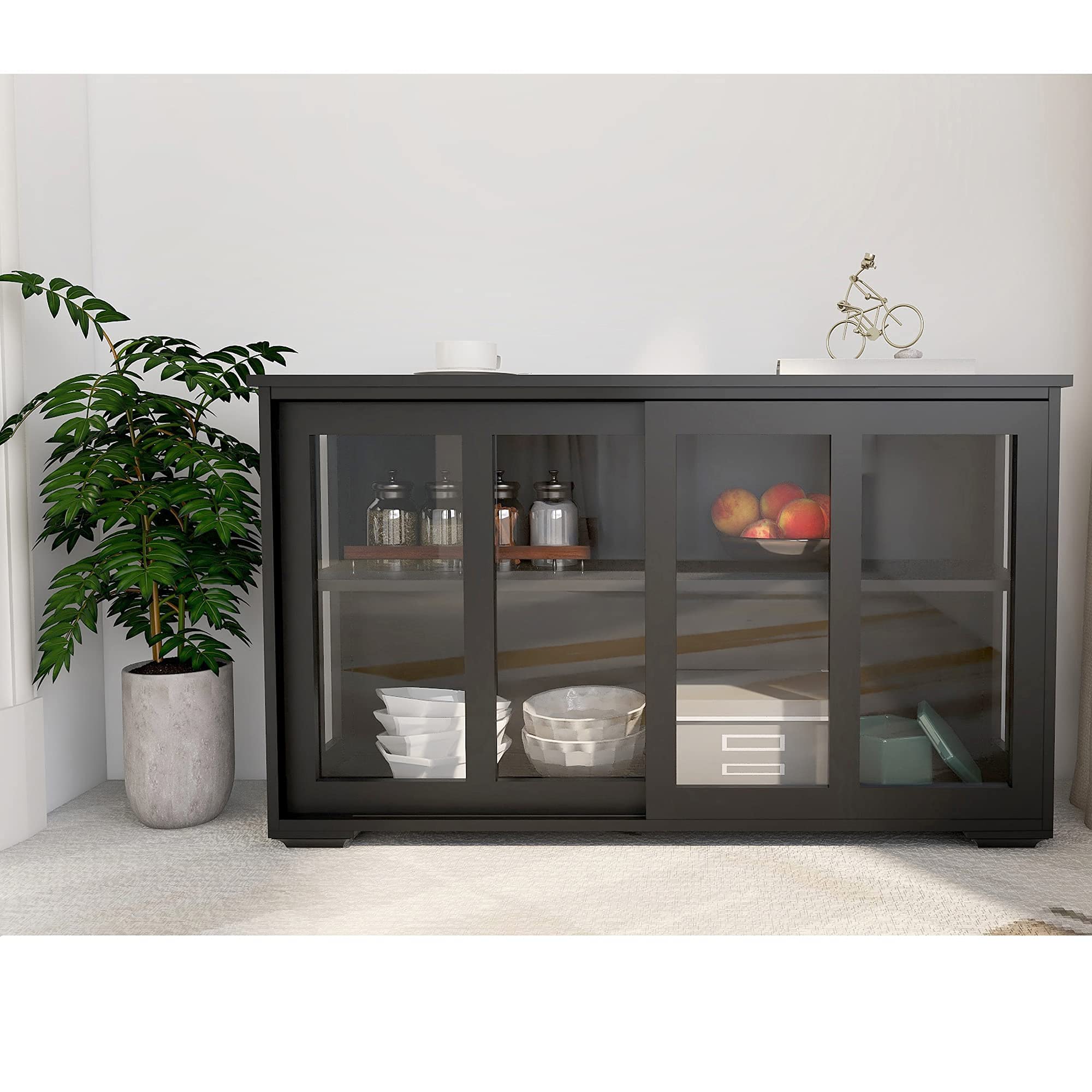 Antique Black Stackable Sideboard Cabinet with Glass Sliding Door & Adjustable Shelves - Universal Kitchen Storage, Buffet Cupboard for Dining & Living Room - Perfect for Small Space Organization & Home Decor