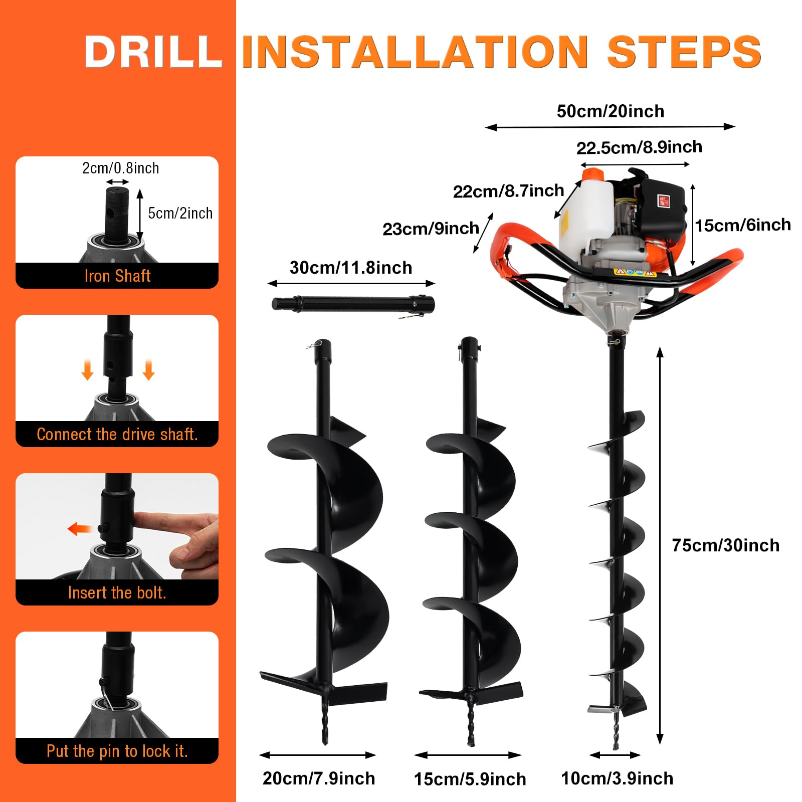 52CC 2-Stroke Gas Powered Post Hole Digger - Heavy Duty Ground Drilling Machine Kit with 4