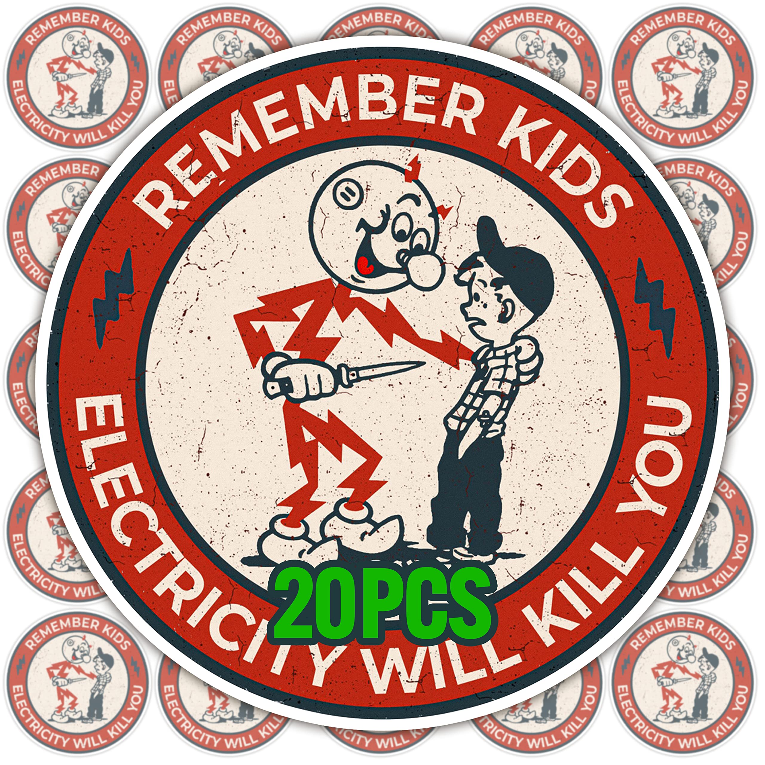 20 Pcs Reddy Kilowatt Warning Stickers - Funny 'Electricity Will Kill You' Decals for Electricians, Hard Hats, Laptops & Water Bottles - Safety Reminder for Kids & Adults at Work, School & Home