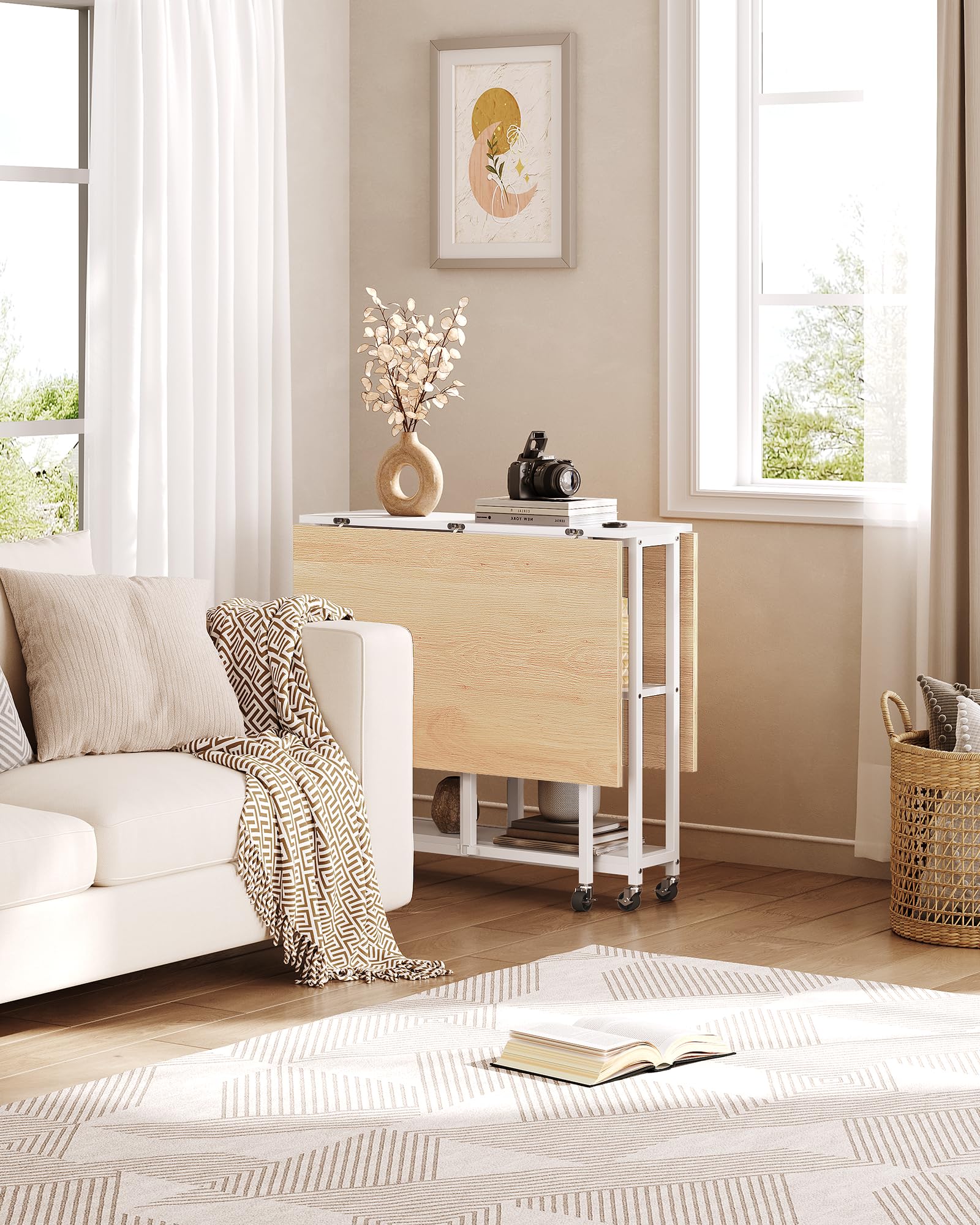Foldable Expandable Dining Table with Wheels - Space Saving Kitchen & Living Room Furniture for Small Apartments, White & Natural Wood Finish (Model TCZ01WN) - Perfect for Compact Homes, Studio Apartments & Multi-Purpose Spaces