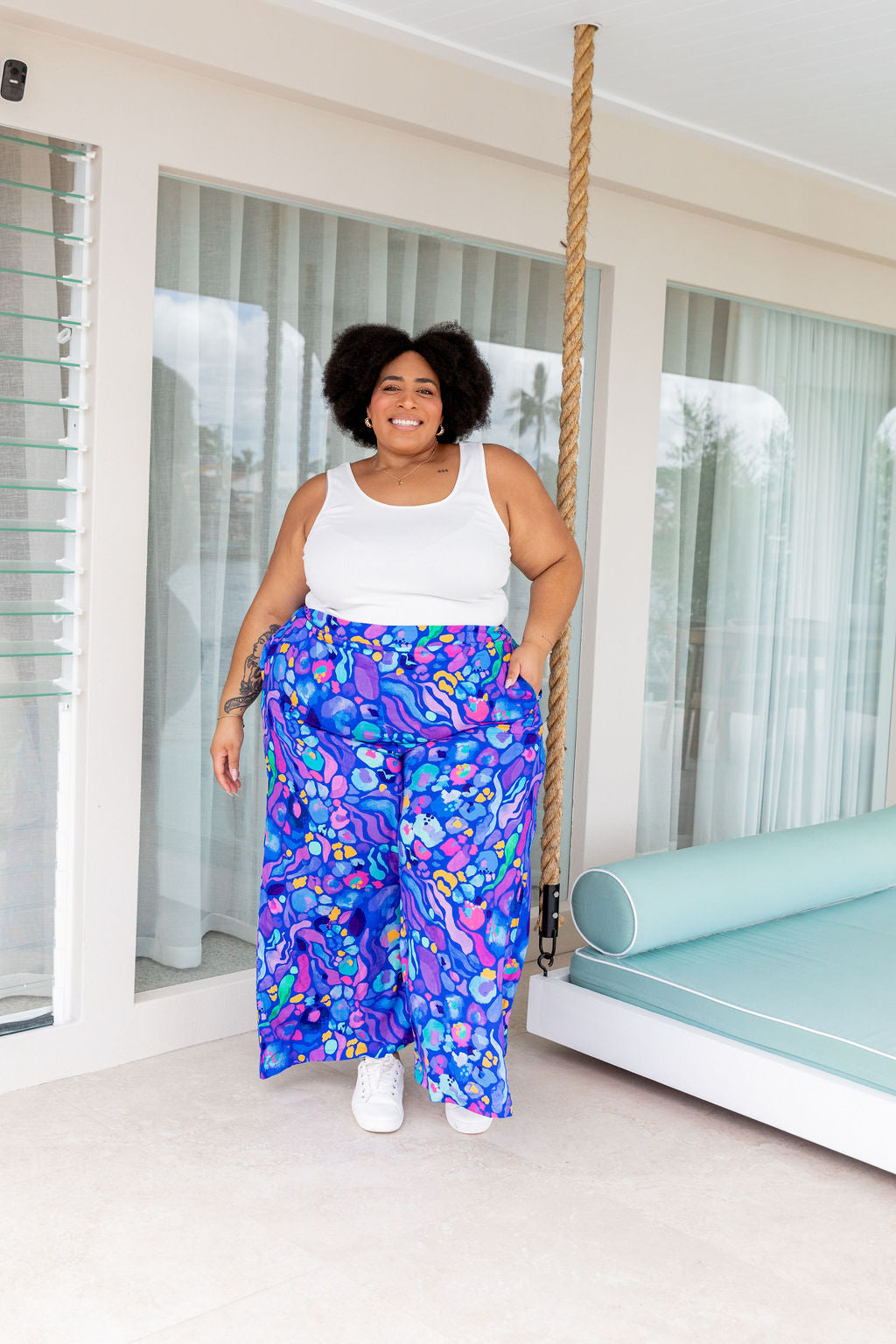 Kasey Rainbow Larsa Pants - Women's High Waisted Flowy Beach Pants in Reef Blue | Perfect for Summer Vacations, Beach Outings & Boho Fashion