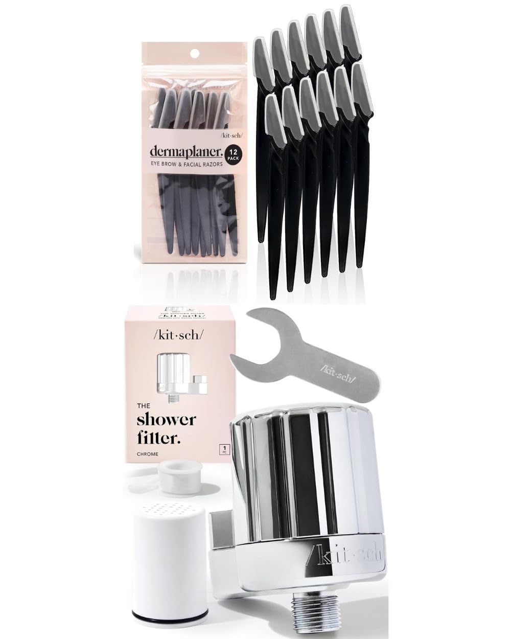 Kitsch Dermaplaning Tool for Face Exfoliation - Black | Shower Head Filter for Hard Water Removal - Home Spa & Skincare Essentials