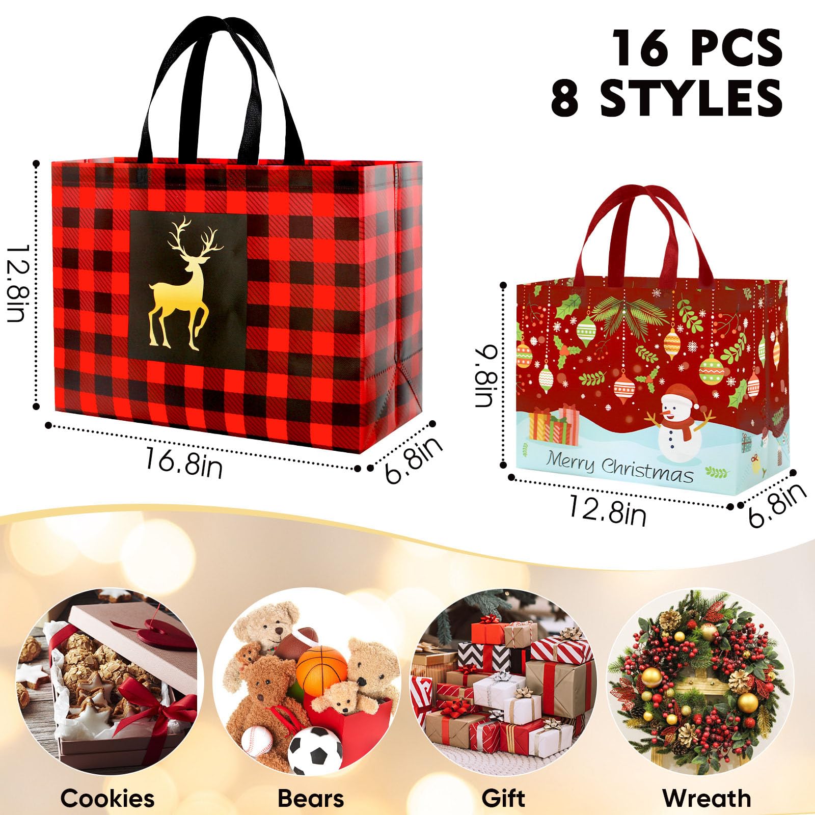 16PCS Extra Large Reusable Christmas Tote Bags with Handles - Eco-Friendly Holiday Gift Bags for Christmas Shopping, Party Decorations & Grocery Storage - Perfect for Xmas Gifts, Holiday Parties & Home Organization
