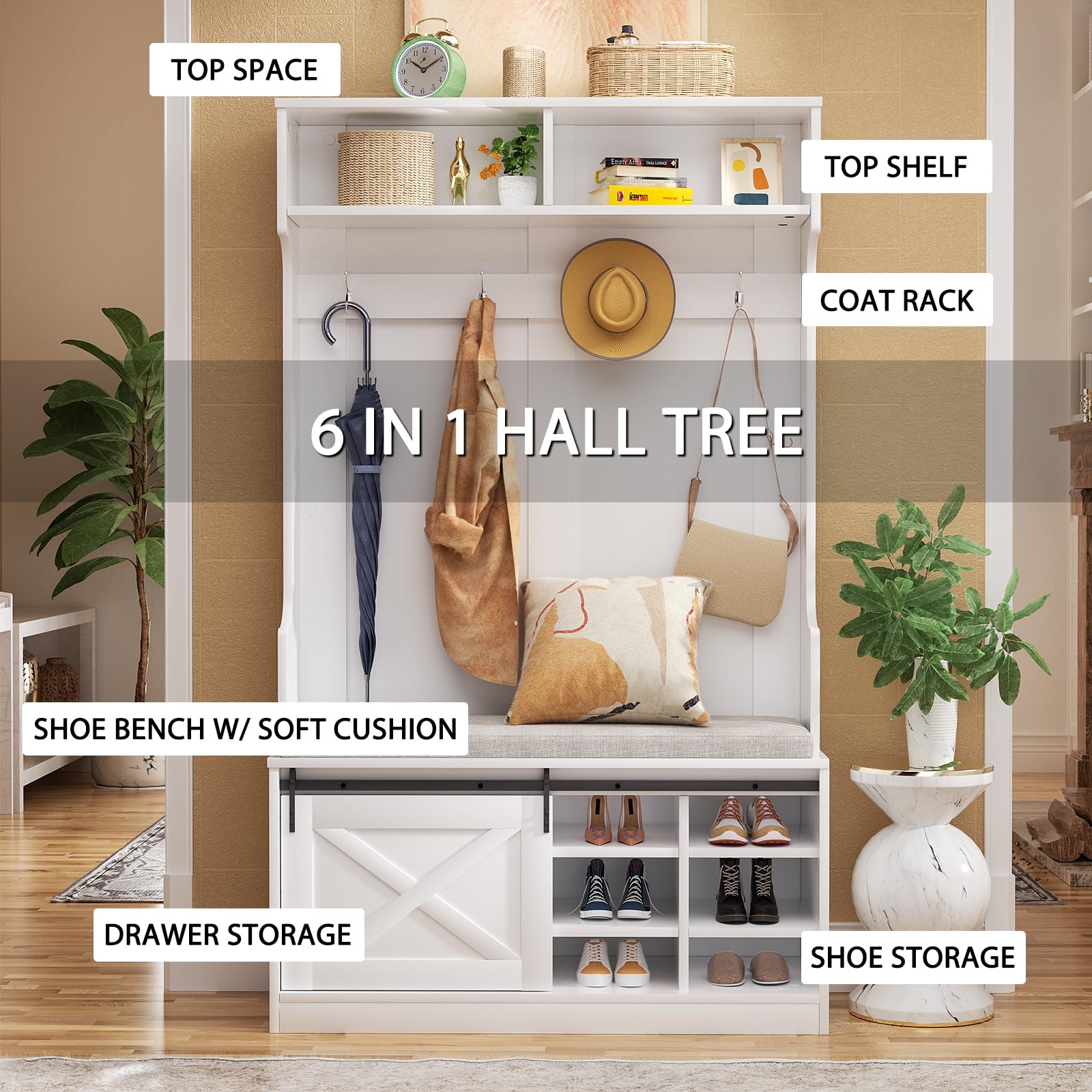 LOVMOR White Entryway Hall Tree with Shoe Storage, Coat Rack & Bench - Upholstered Shoe Storage Bench with Slide Cabinet Organizer Drawer & Adjustable Shelf | Perfect for Small Spaces, Entryway Organization & Home Decor