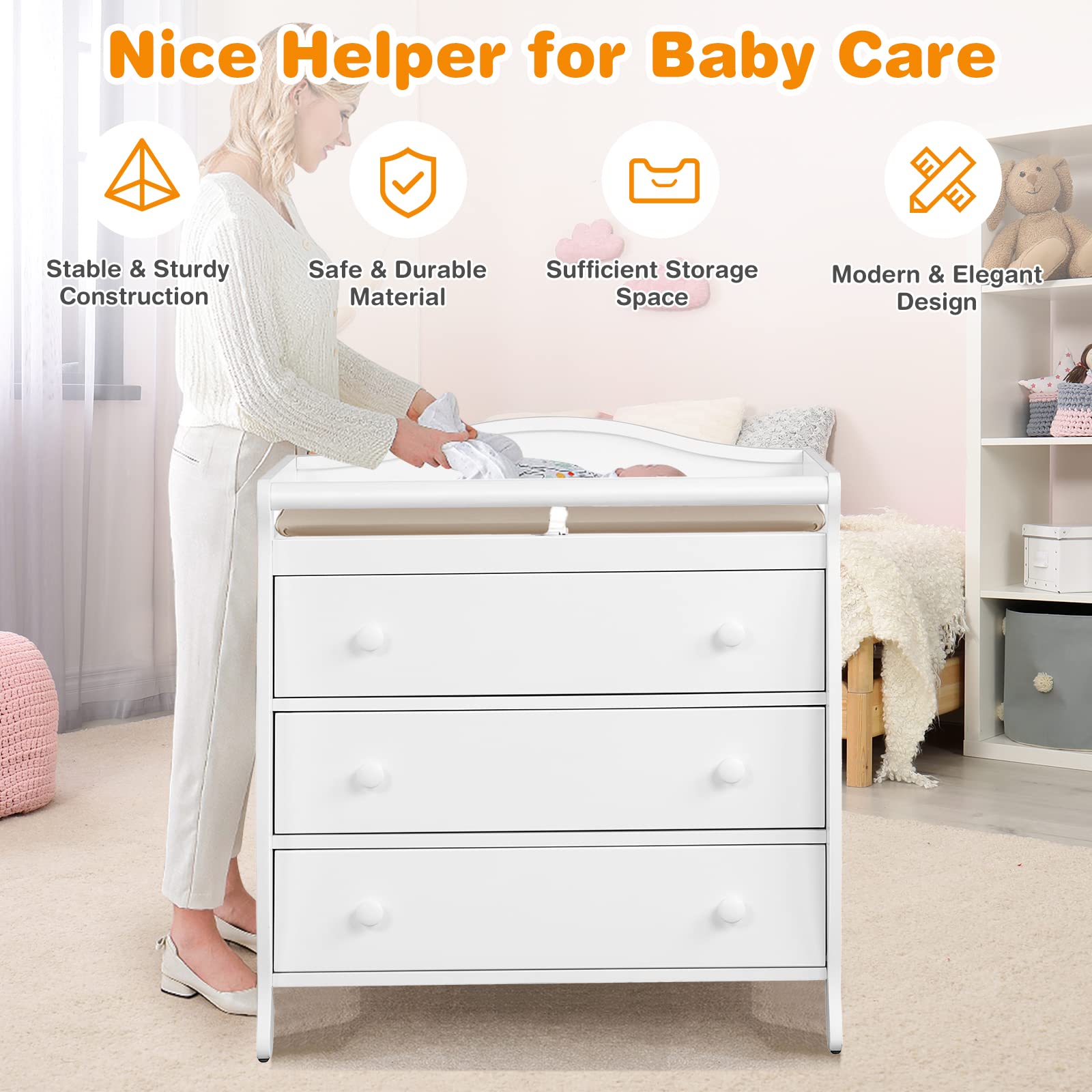 Costzon 3-Drawer Baby Changing Table with Safety Rails & Strap - White Nursery Dresser for Diaper Changing Station, Easy Assembly - Perfect for Newborn Care & Nursery Organization