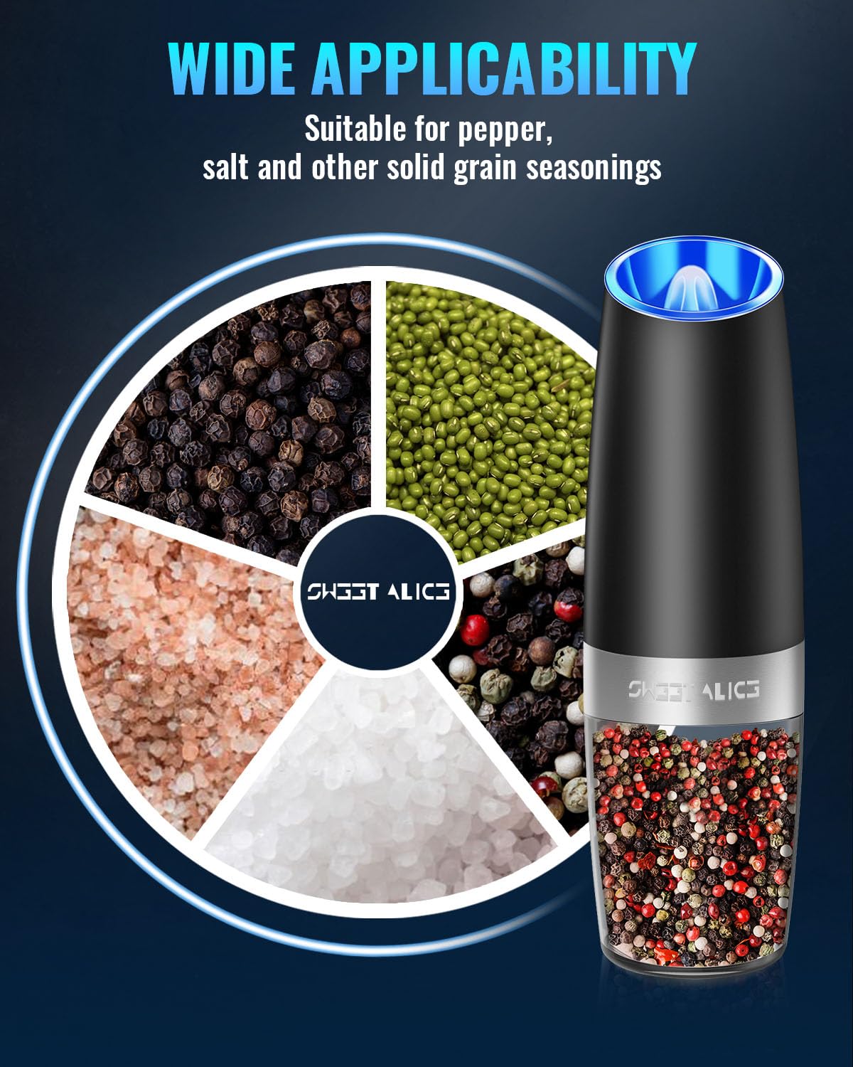 Sweet Alice Gravity Electric Pepper and Salt Grinder Set - Adjustable Coarseness, Battery Powered with LED Light, One-Hand Automatic Operation, Stainless Steel Mill (Black) - Perfect for Kitchen, Dining Table, and Outdoor Cooking