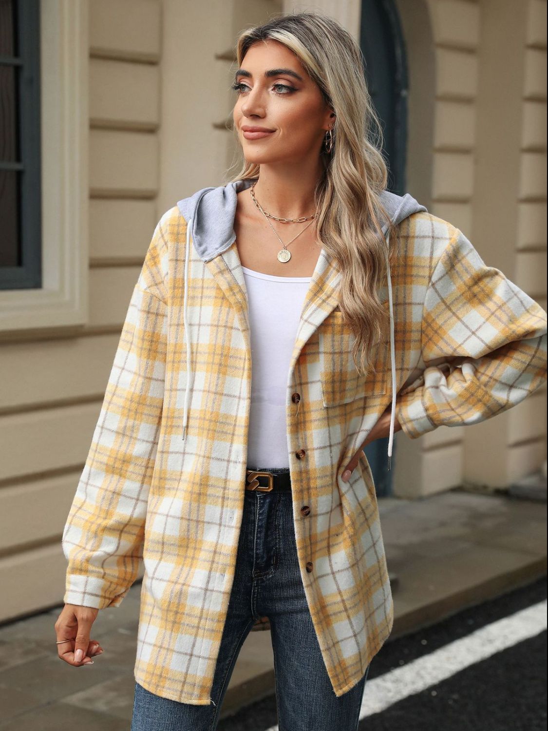Men's Plaid Button-Up Hooded Jacket with Drawstring - Stylish Casual Outerwear for Fall & Winter - Perfect for Outdoor Activities, Hiking, and Daily Wear