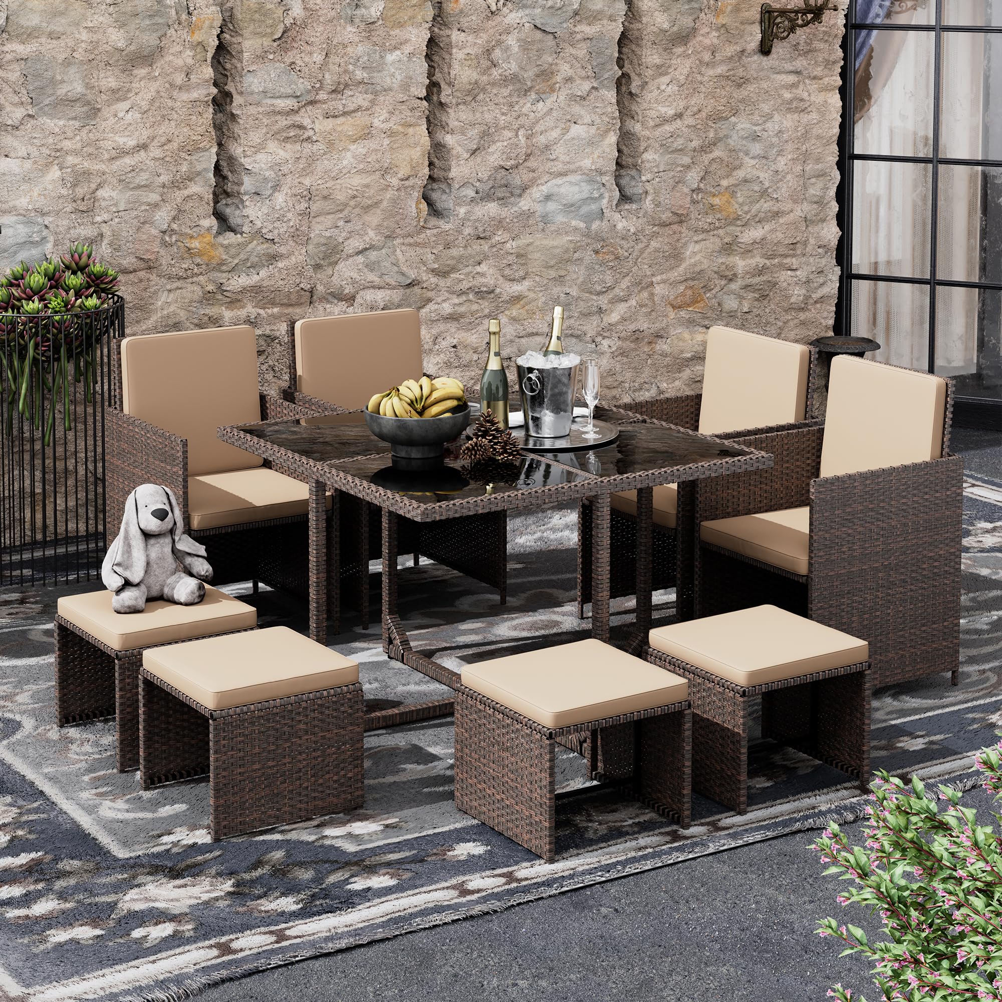 9-Piece Patio Dining Set with Wicker Chairs, Glass Table & Ottomans - Space-Saving Outdoor Conversation Set with Cushioned Seating (Beige) - Perfect for Backyard, Garden, Poolside & Patio Relaxation