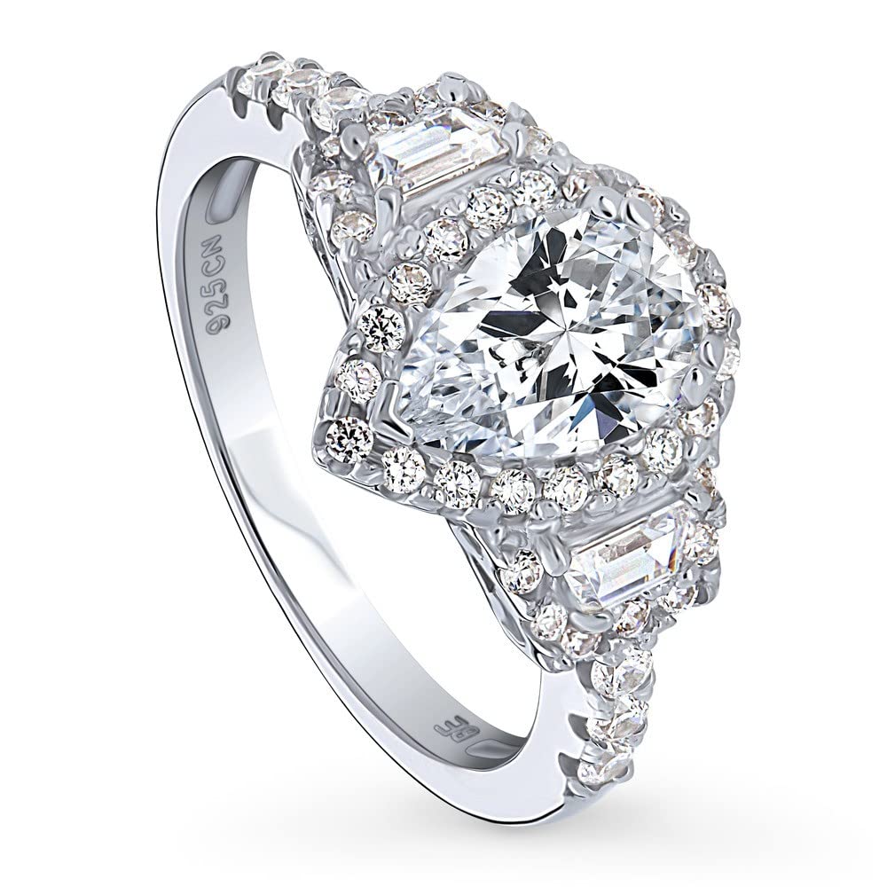 BERRICLE Sterling Silver 3-Stone Pear Cut Cubic Zirconia Engagement Ring for Women - 1.3 Carat CZ Halo Wedding Ring, Rhodium Plated Size 4-10 - Perfect for Proposals, Anniversaries & Special Occasions