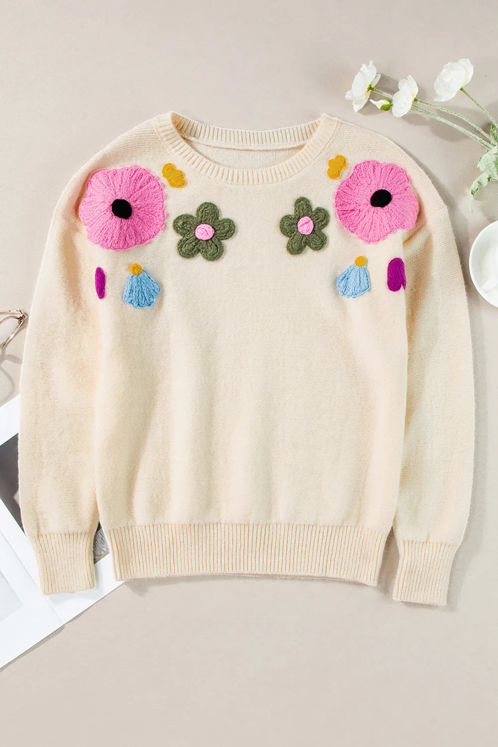 Plus Size Crochet Flower Long Sleeve Sweater for Women - Boho Chic Knit Pullover for Fall & Winter - Cozy Oversized Cardigan for Casual Outfits, Date Nights and Office Wear