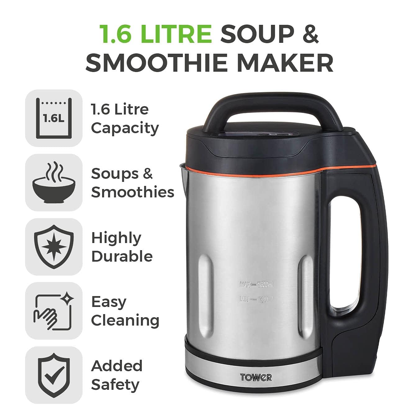 T12031 1000W Smart Soup & Smoothie Blender with 1.6L Stainless Steel Jug, Sharp Blades for Smoothies, Soups, Baby Food - Perfect for Kitchen, Office, Healthy Lifestyle