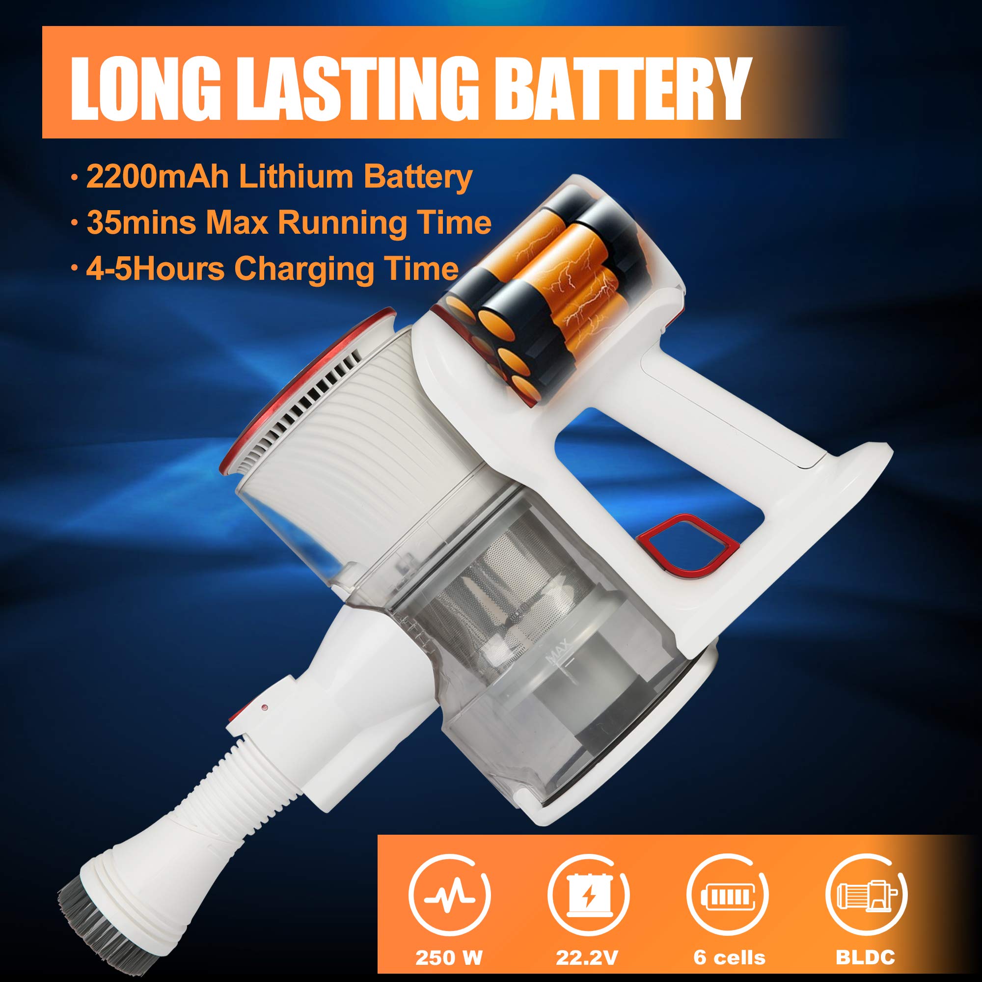 20KPa Lightweight Cordless Vacuum Cleaner - 4-in-1 Powerful Suction Handheld Stick Vacuum with 250W Brushless Motor, 35 Mins Runtime & Detachable Battery - Perfect for Carpet, Hard Floors, Car Cleaning and Pet Hair Removal