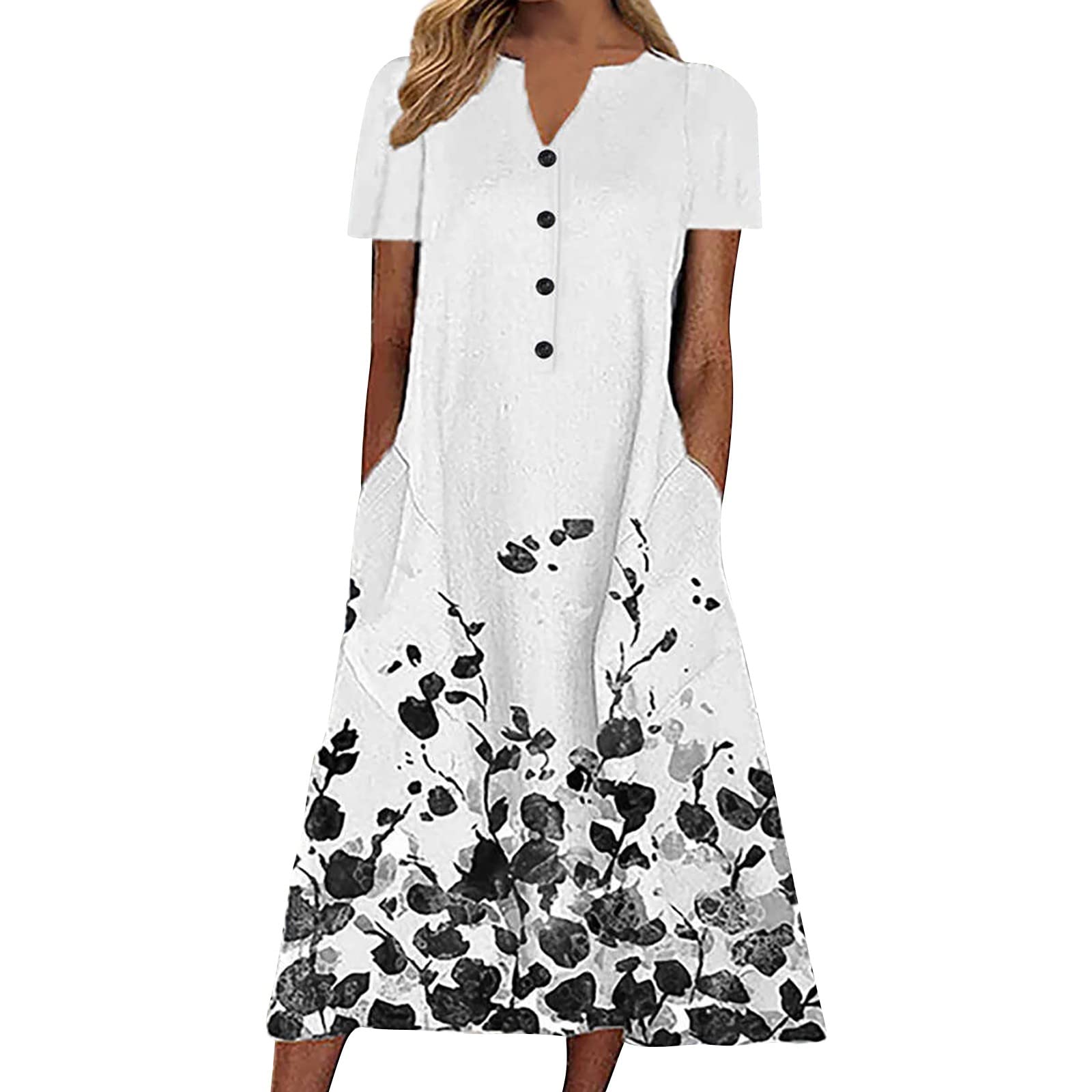 Women's Casual Summer Striped Button-Down V-Neck Short Sleeve Pocket Maxi Dress - Floral Print Vacation Dress for Beach, Holiday & Everyday Wear