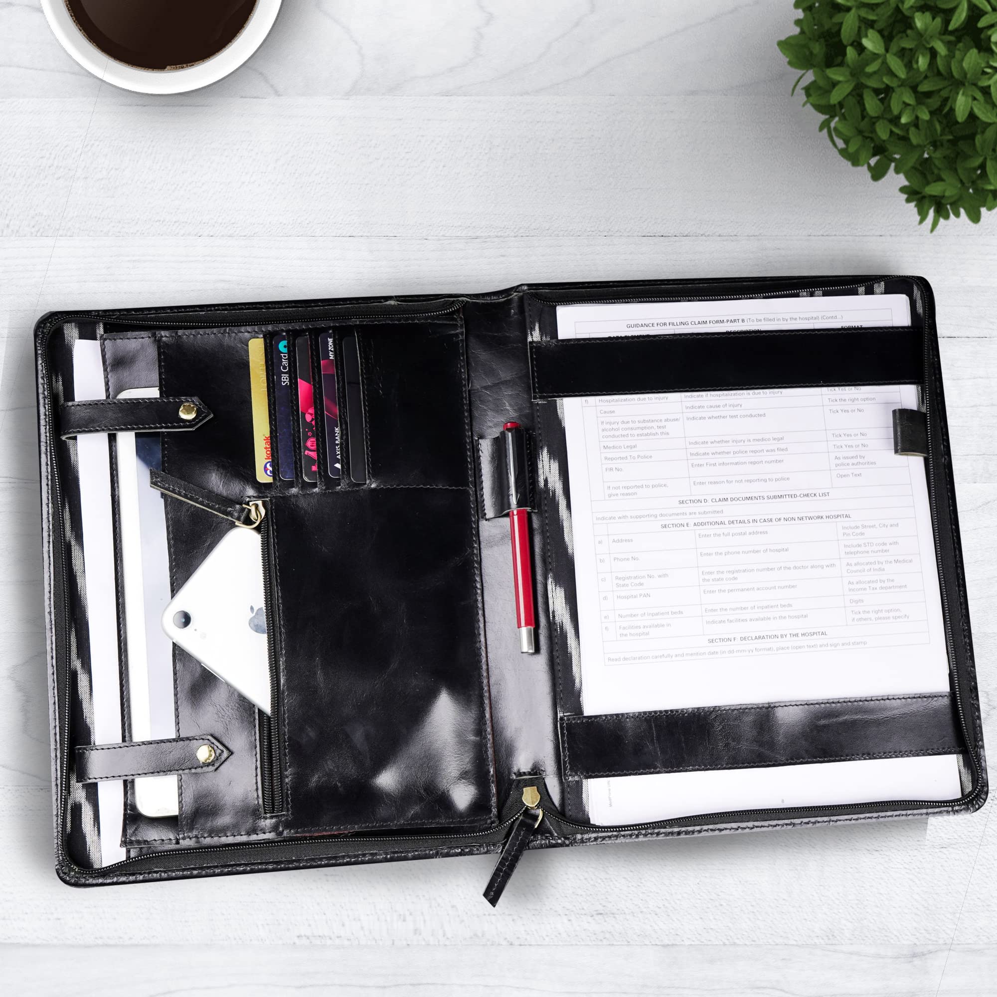 Premium Zippered Leather Business Portfolio - Professional Document Organizer & File Folder for Men & Women - Fits A4 Papers, 12.9