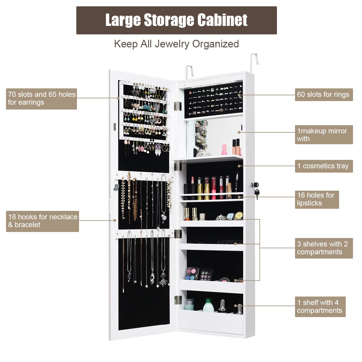 MAT EXPERT 15-LED Lighted Jewelry Armoire with Full-Length Mirror - Wall/Door Mounted Lockable Jewelry Cabinet Organizer for Bedroom, Dressing Room & Makeup Display - White Jewelry Storage Solution for Necklaces, Rings & Accessories
