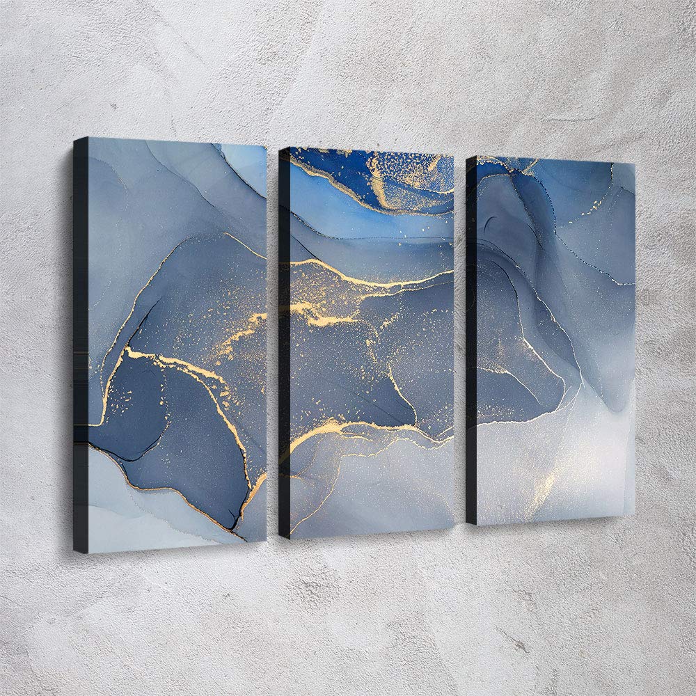 Abstract Marble Modern Canvas Wall Art Set - Navy Blue & Gold Marble Print - 3 Piece Large Framed Office Decor - Ready to Hang - Made in USA - Perfect for Living Room, Bedroom or Workspace Decor