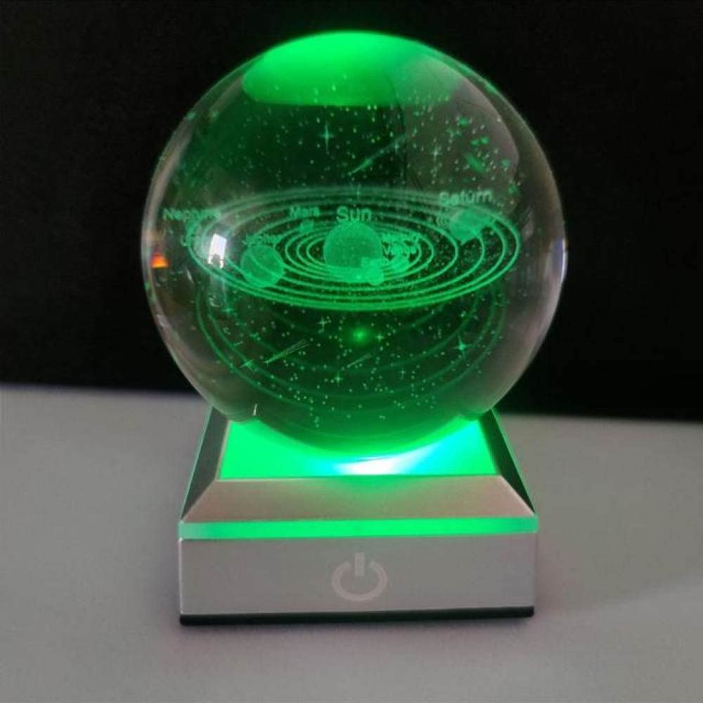 3D Solar System Crystal Ball - 80mm Engraved Glass Globe with LED Light & USB Cable, Touch Switch, Silver Base - Perfect for Home Decor, Office Gift & Astronomy Enthusiasts