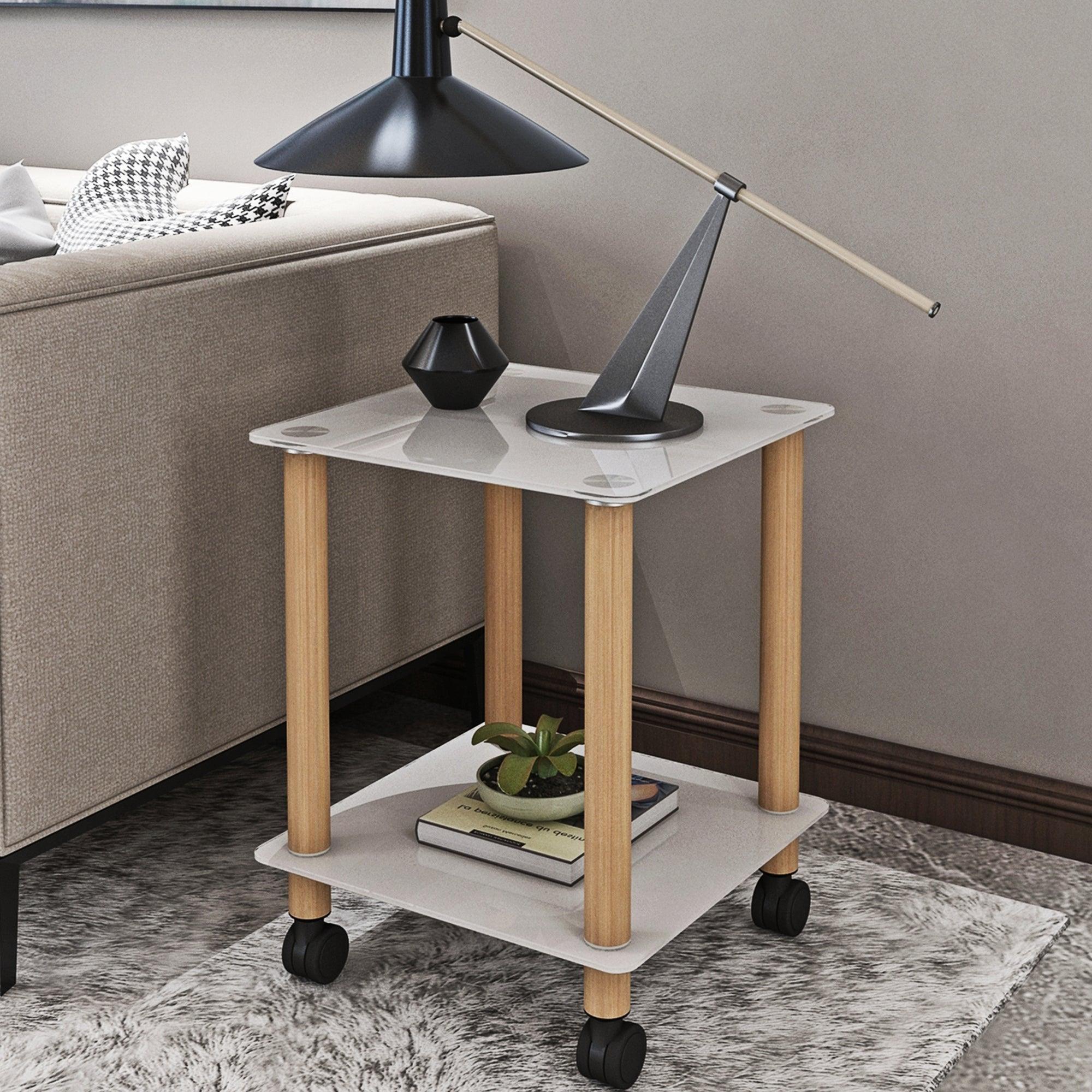 Modern White & Oak 2-Tier Side Table with Storage Shelf - Nightstand, End Table, Sofa Table for Living Room, Bedroom, Office - Space-Saving Design