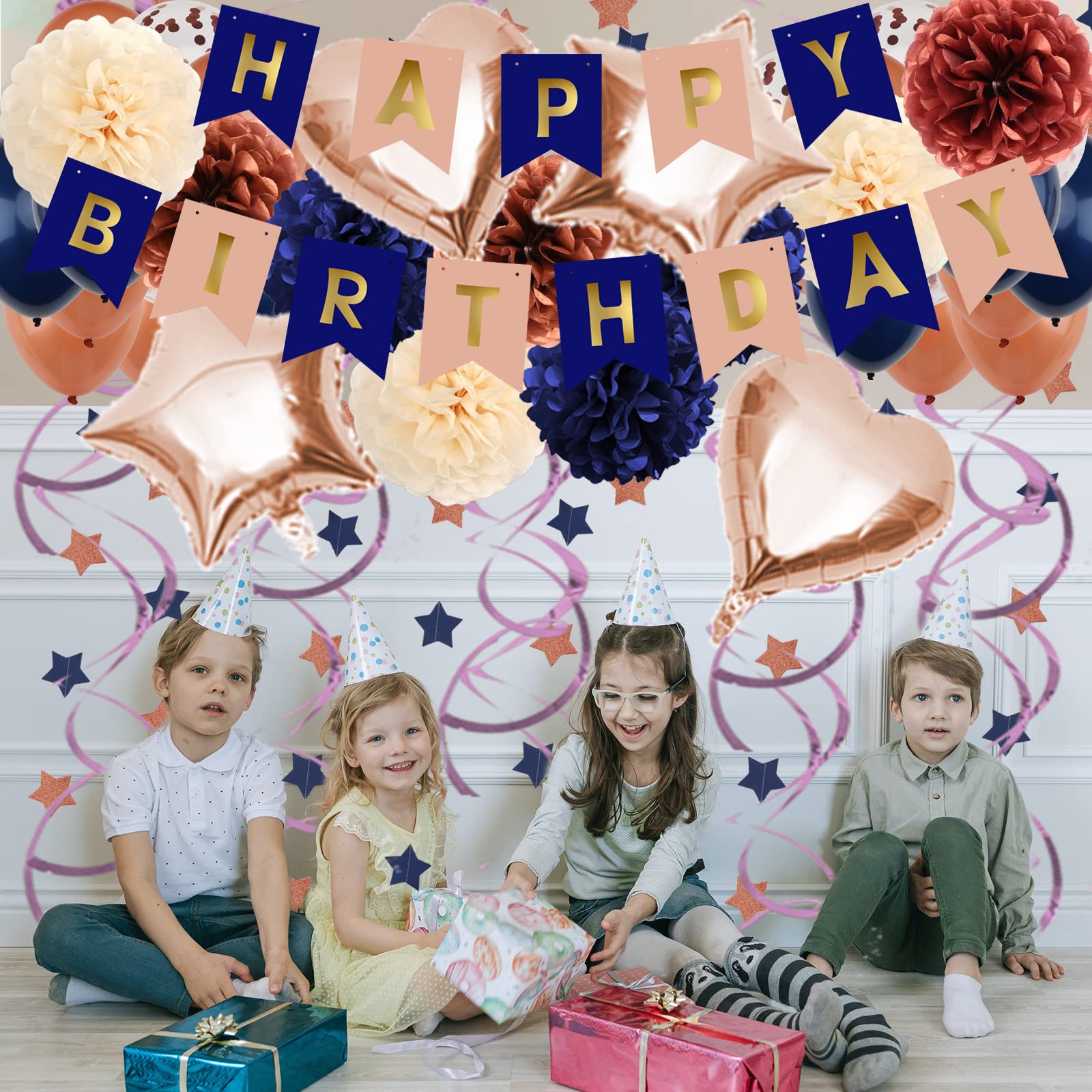 Navy Blue & Rose Gold Birthday Decorations Set - Happy Birthday Banner, Paper Pompoms & Balloons for Women, Men, Boys & Girls | Perfect for Birthday Parties, Baby Showers & Anniversary Celebrations