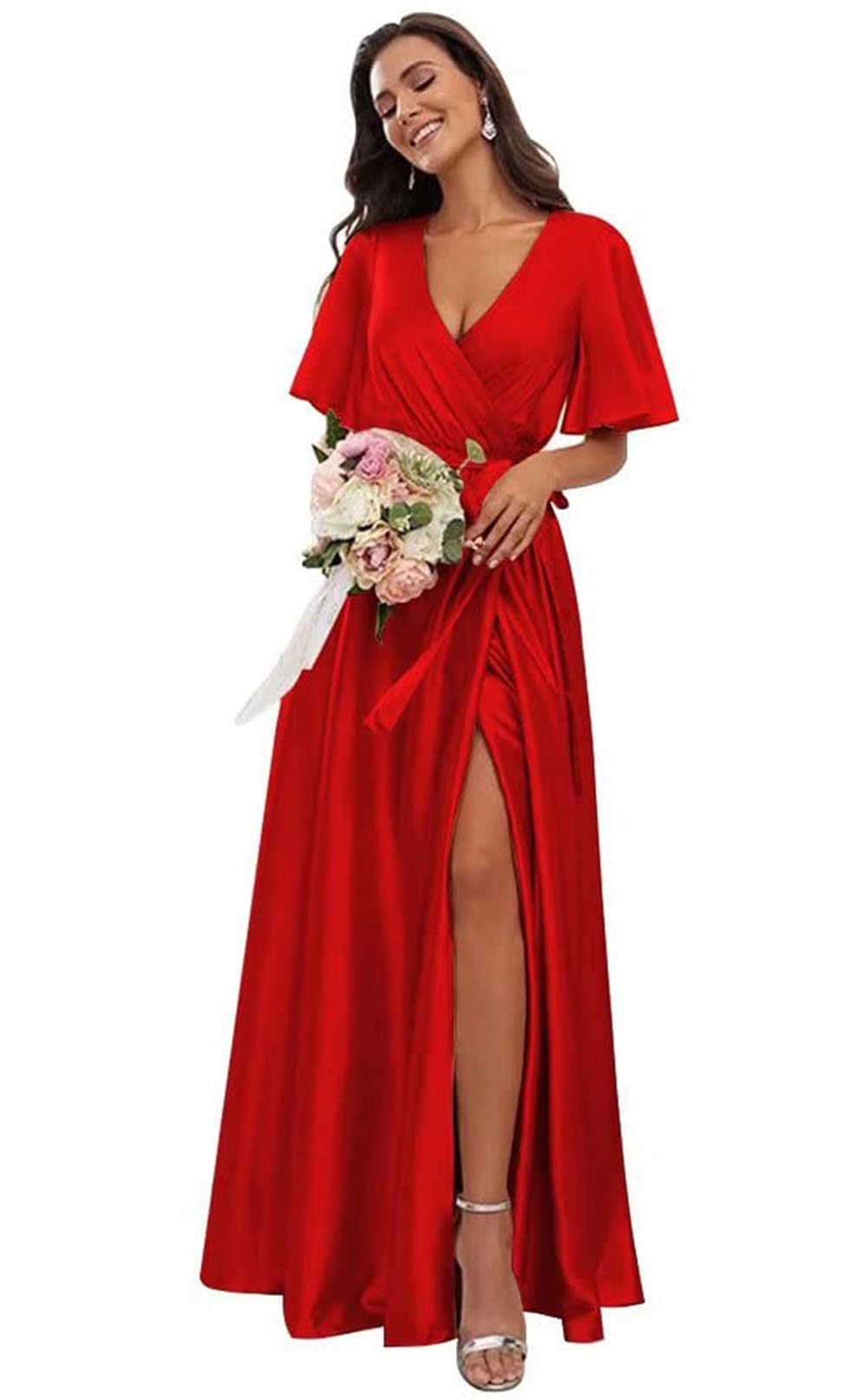 COEYOUES Women's Short Sleeve Bridesmaid Dress - A-Line V-Neck Satin Wedding Guest Dress with Thigh Slit | Perfect for Bridal Party, Formal Events & Evening Occasions