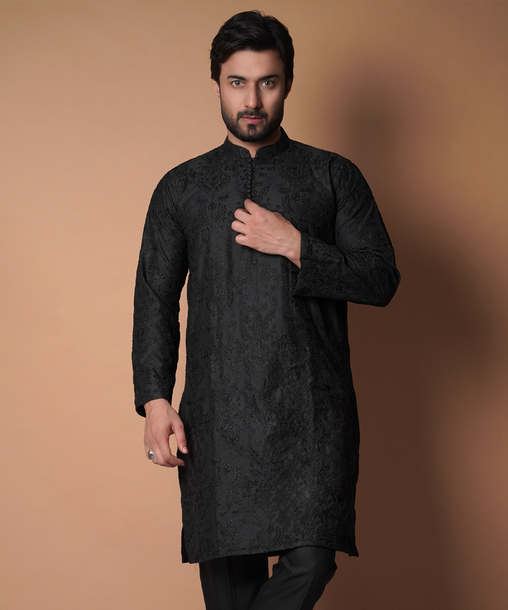Stylish Matte Black Embroidered Kurta Pants Set for Men | Traditional Indian Ethnic Wear | Perfect for Weddings, Festivals & Special Occasions