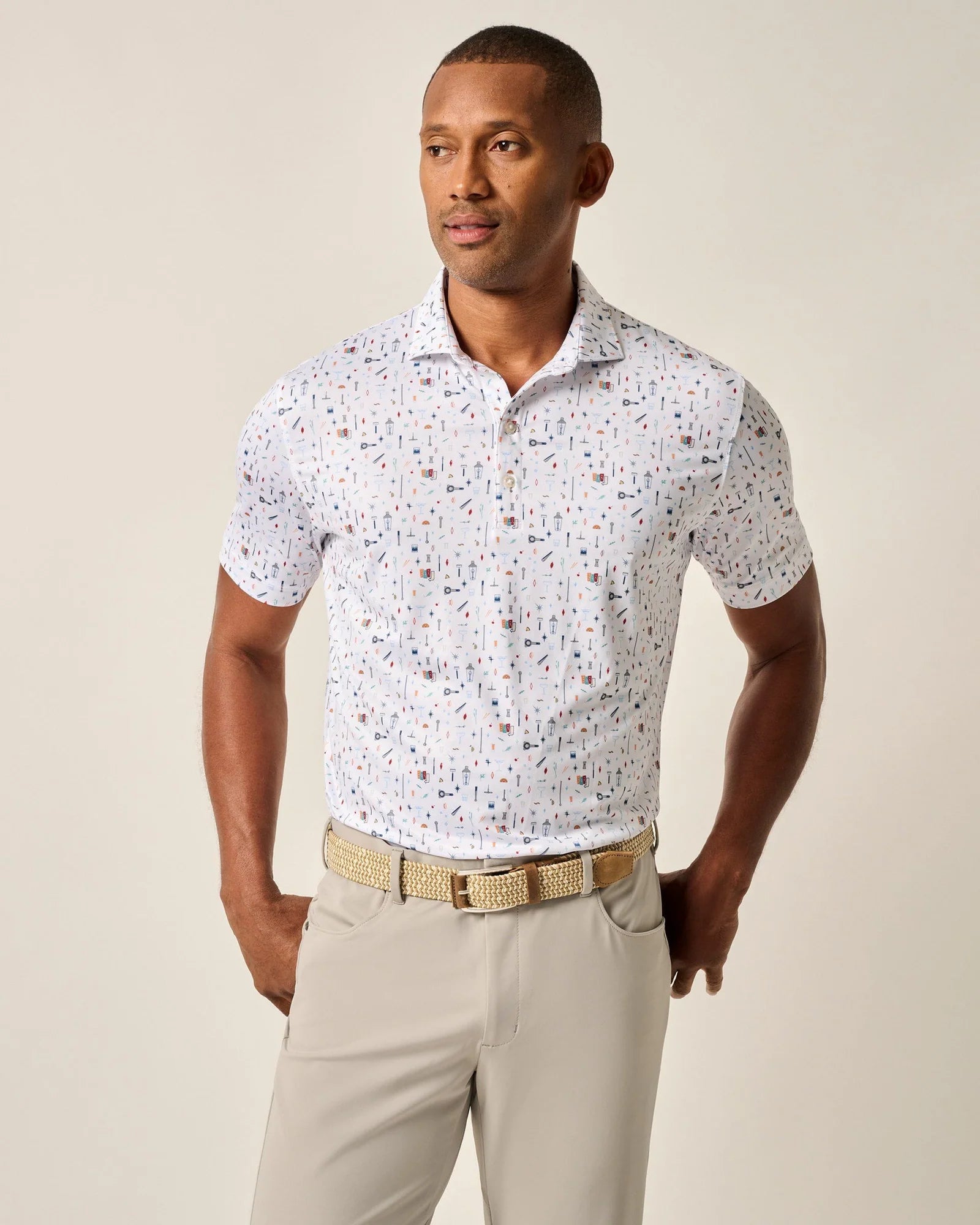 Johnnie O Bar Cart Prep Performance Polo Shirt for Men - Classic White Golf & Casual Wear - Perfect for Country Clubs, Office & Summer Outings