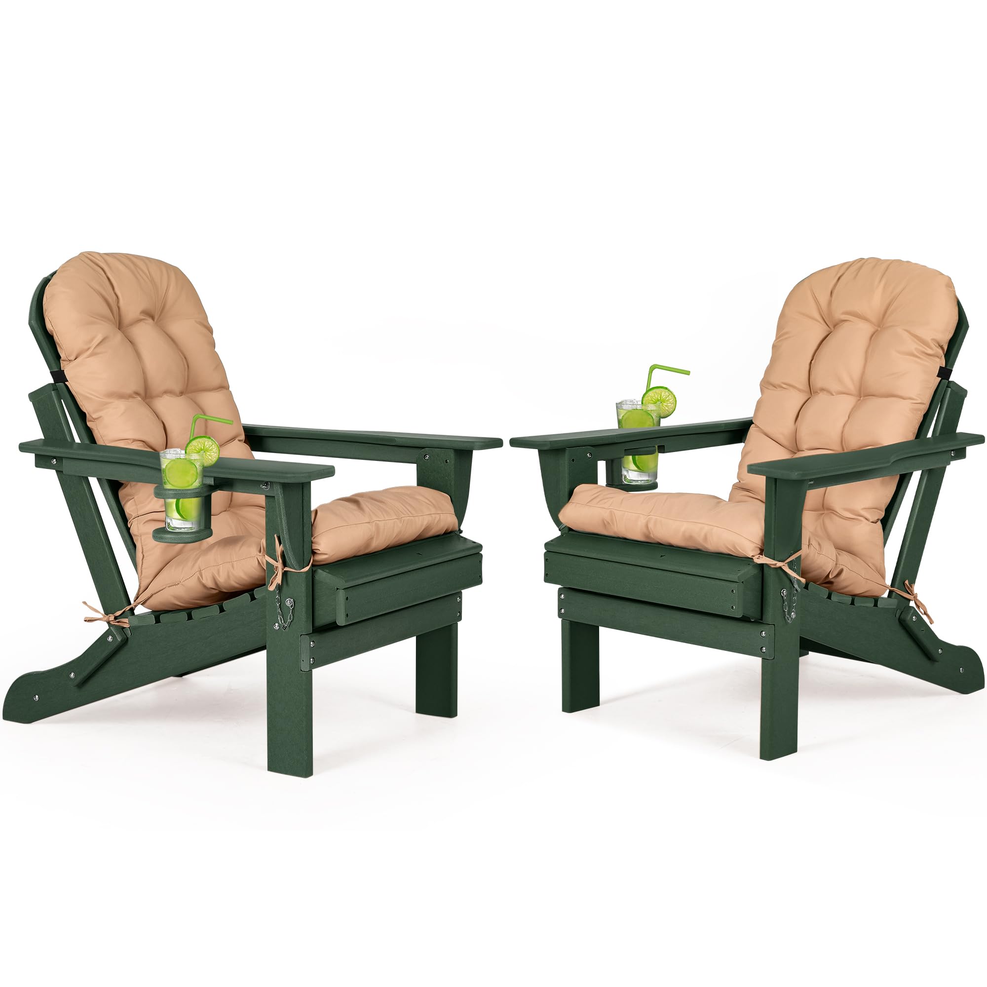 Nalone 2-Pack Folding Adirondack Chairs with Cushions & Cup Holders - HDPE Plastic Oversized Weather-Resistant Outdoor Patio Chairs for Backyard, Deck, Garden, Fire Pit, Camping & Poolside (Green)