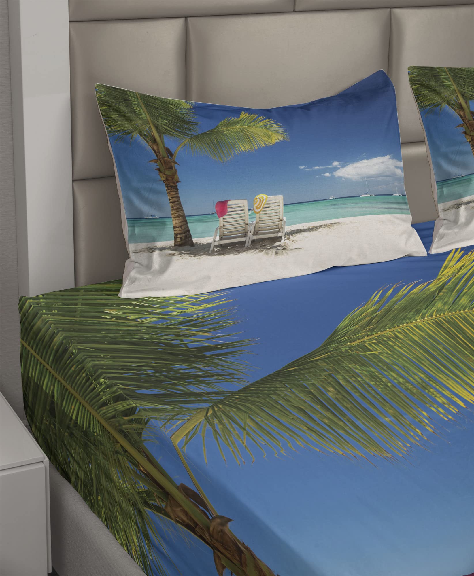 Ambesonne Seaside King Size 4-Piece Sheet Set - Ocean Beach Panoramic Print with Palm Trees, Chairs & Boats - Soft Fitted & Flat Sheets + Pillowcases (Green/Blue) - Perfect for Coastal Bedroom Decor & Vacation Home Styling