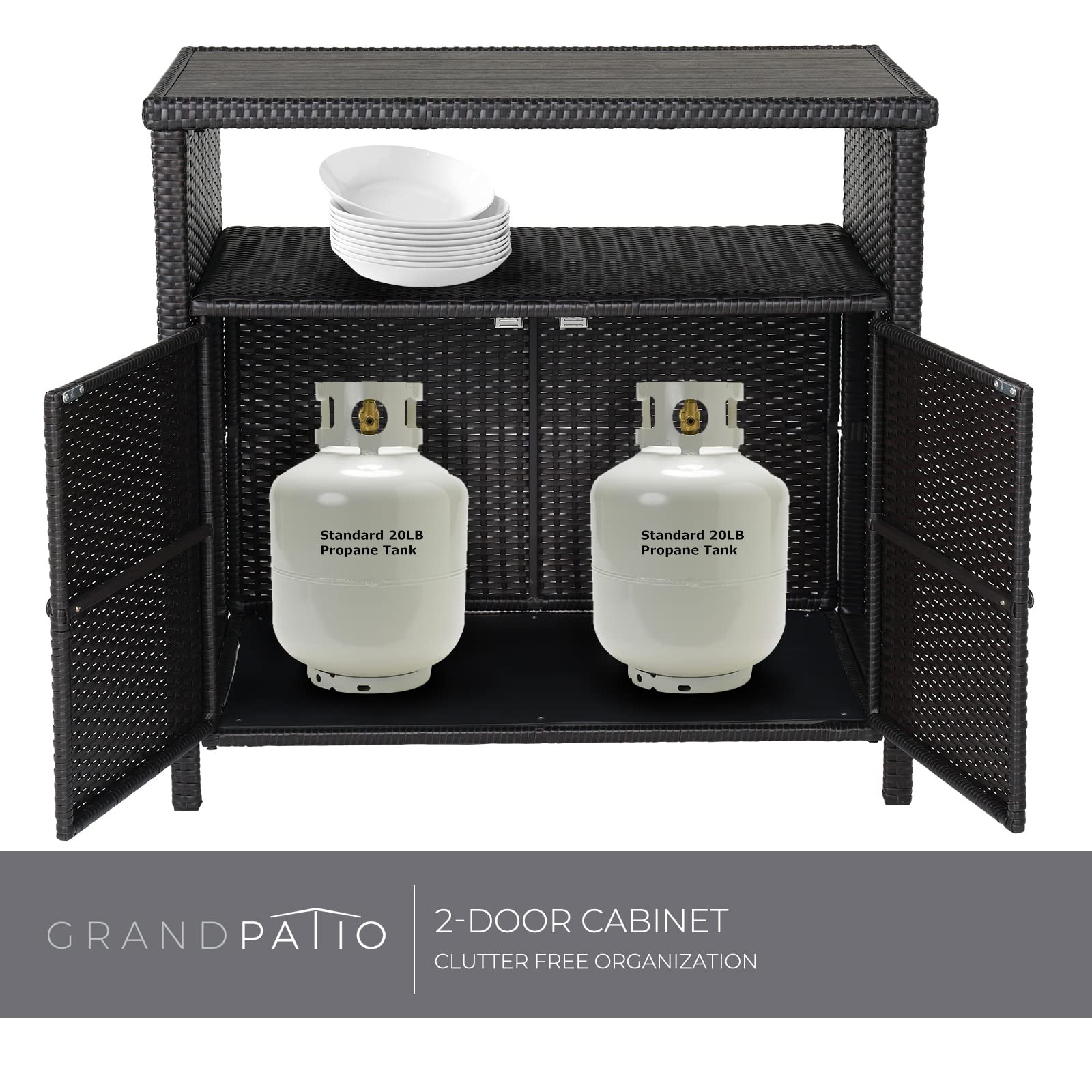 Waterproof Wicker Storage Cabinet with Two Doors and Shelves - Outdoor Patio Buffet Sideboard for Garden, Kitchen, Pool - Dark Brown - Perfect for Storing Cushions, Pool Toys, and Outdoor Dining Essentials